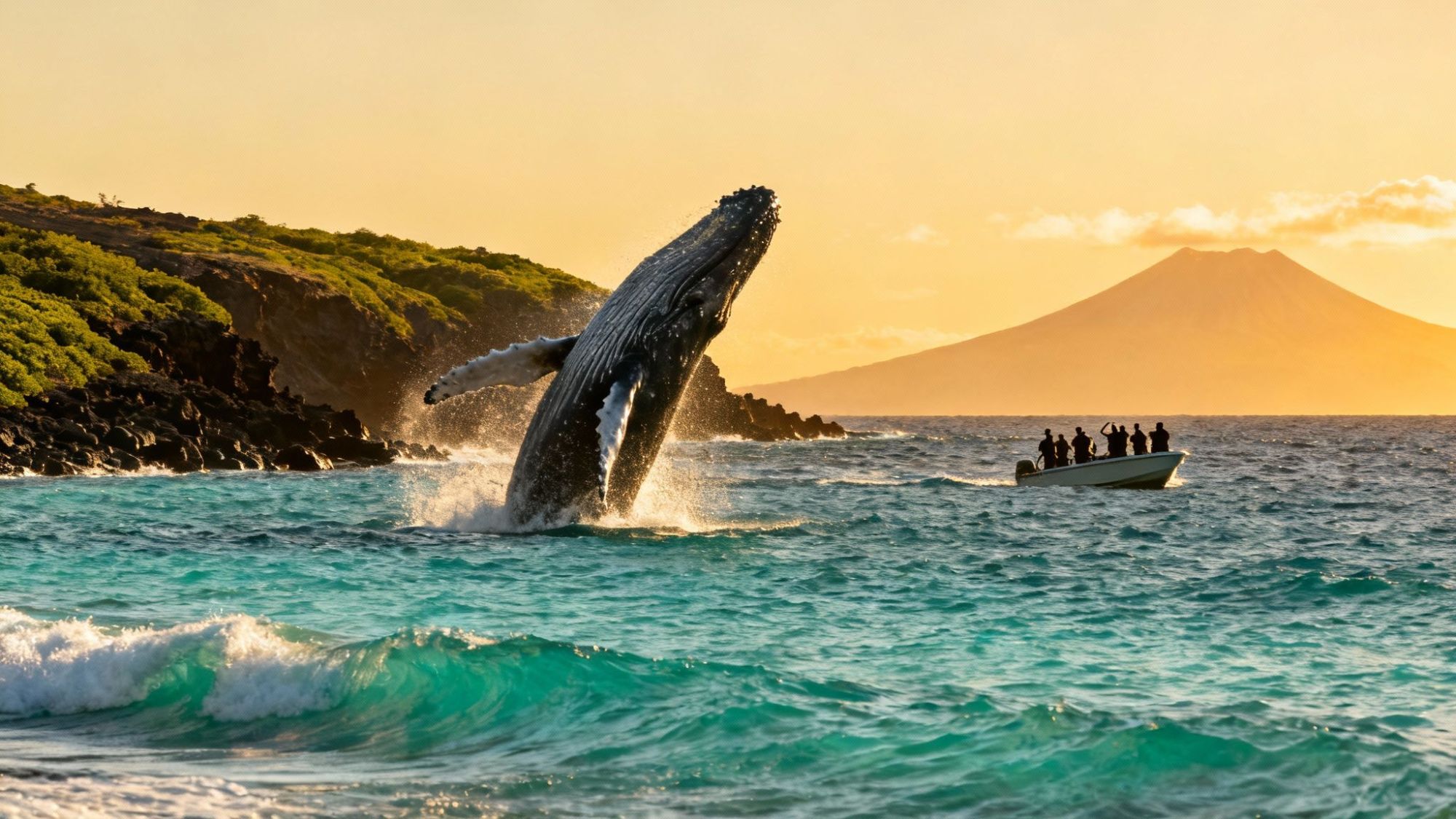 Whale breaching near boat with people at sunset, island and mountain in background.