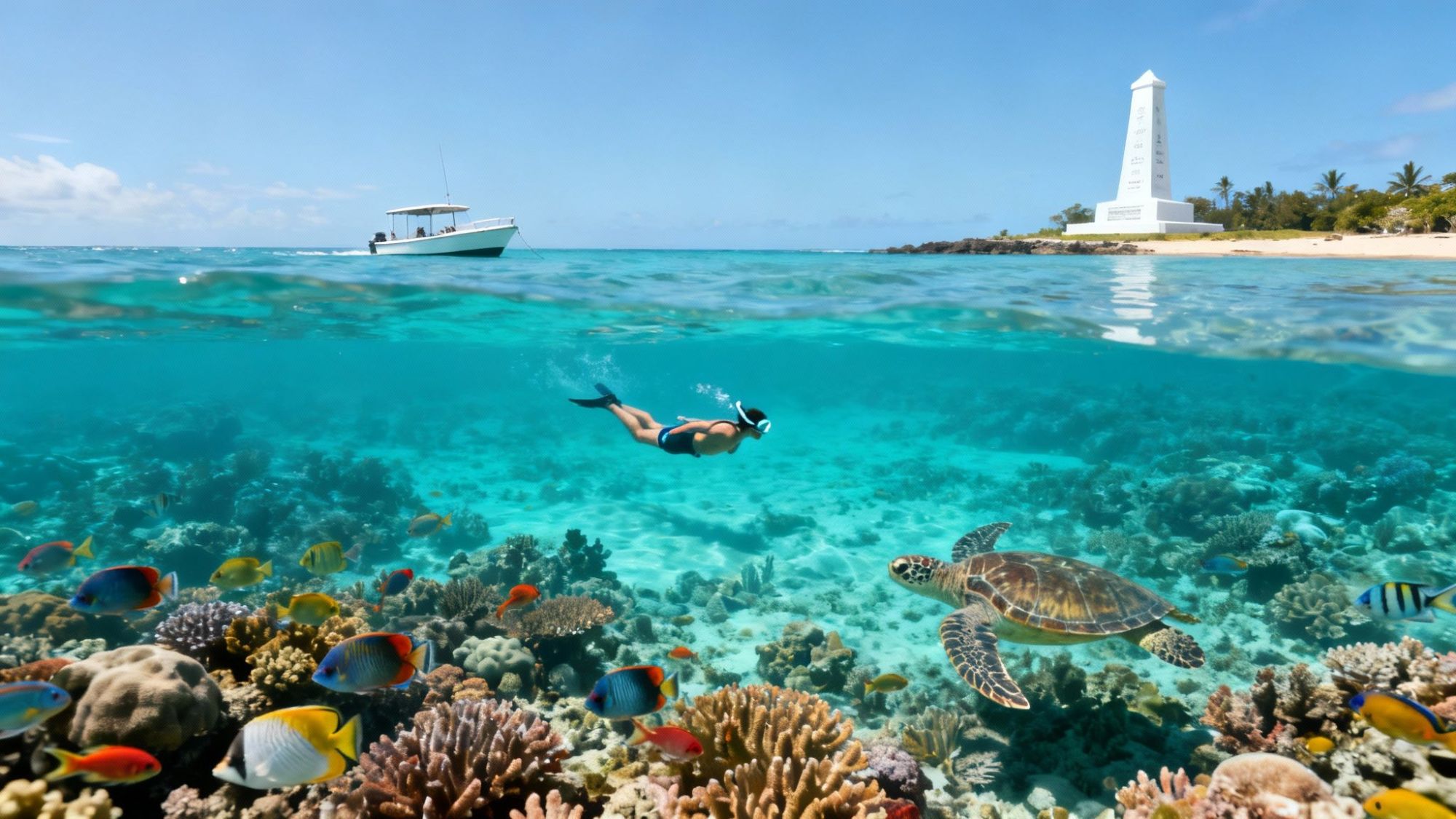 Person snorkeling over coral reef with fish and a turtle, near a beach with a boat and monument.