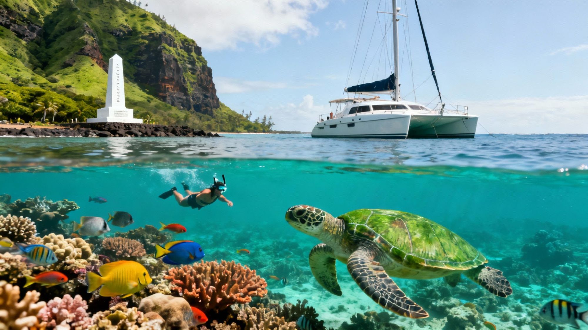 Snorkeler and sea turtle near coral reef with yacht and mountain in background.