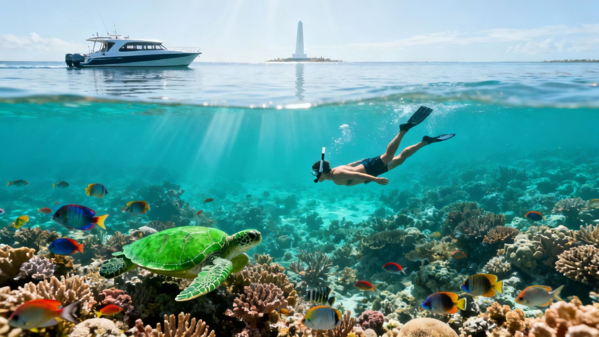 Snorkeler swims above coral reef with fish and turtle, boat on water surface with distant lighthouse.