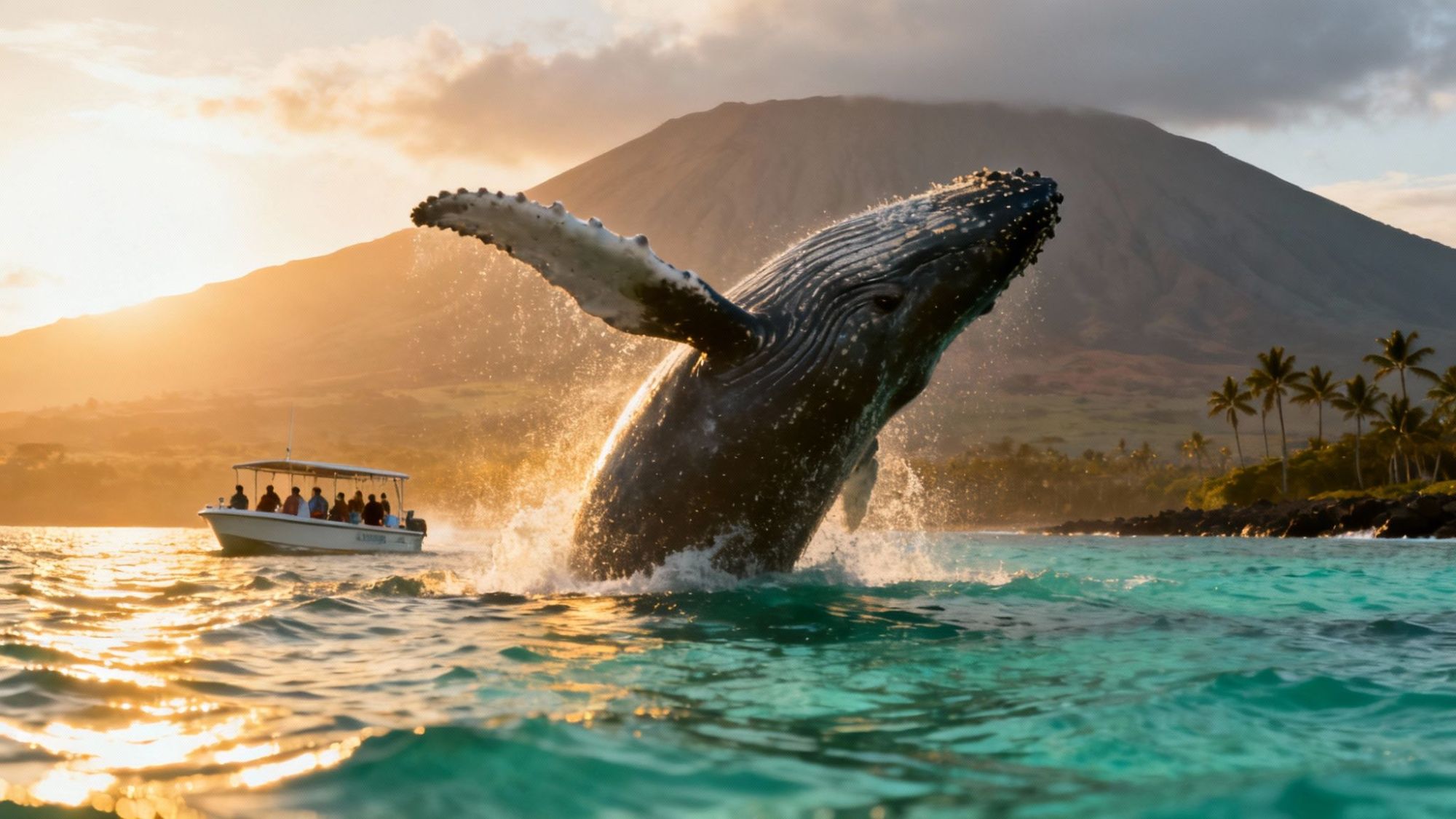 Whale breaching near a boat during sunset with a mountain in the background.