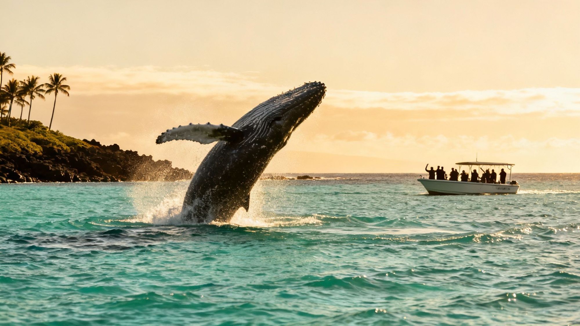 Whale breaching near boat with people, tropical landscape in background at sunset.