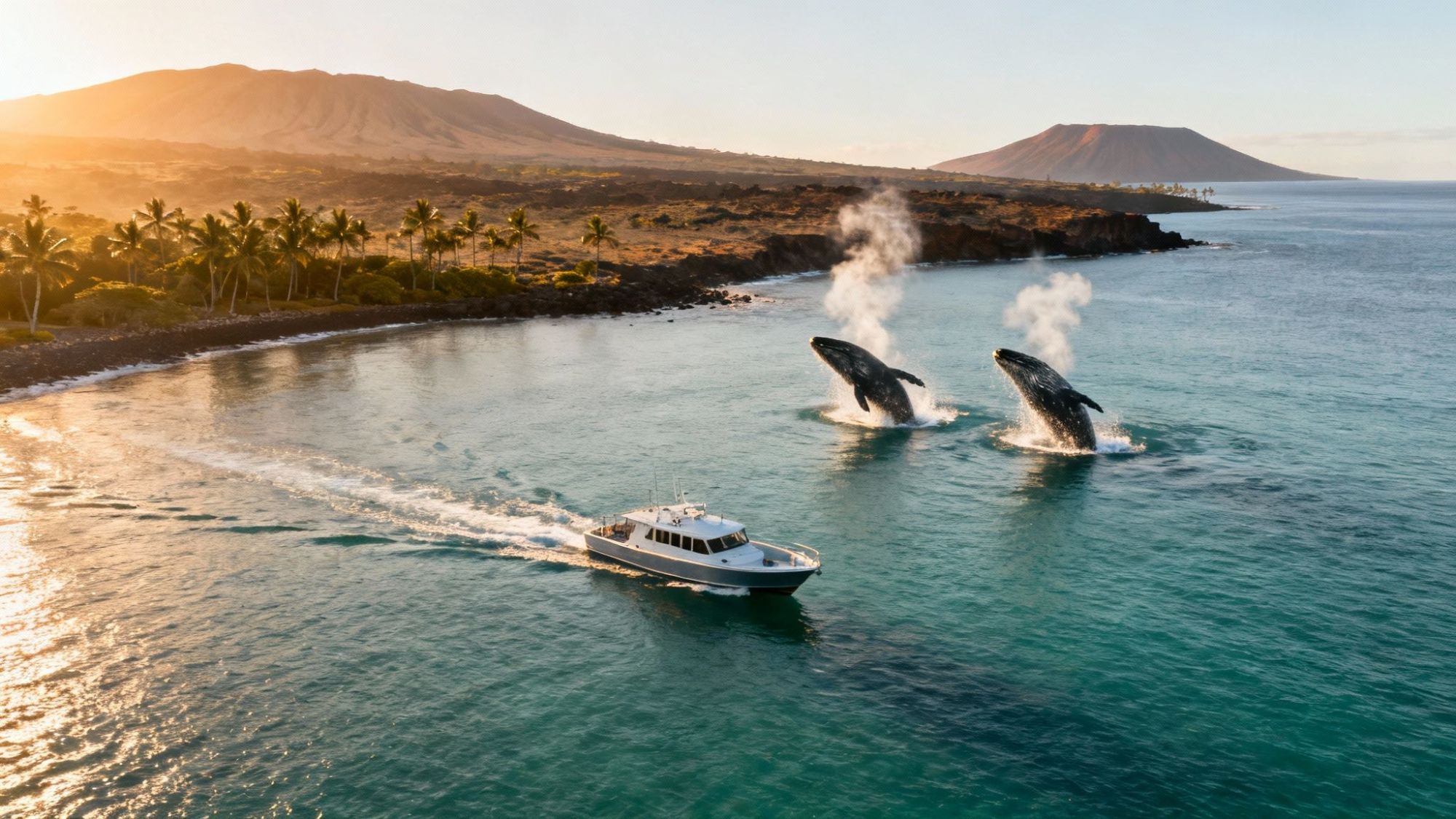 Two whales leaping near a boat in clear water with palm trees and mountains in the background.
