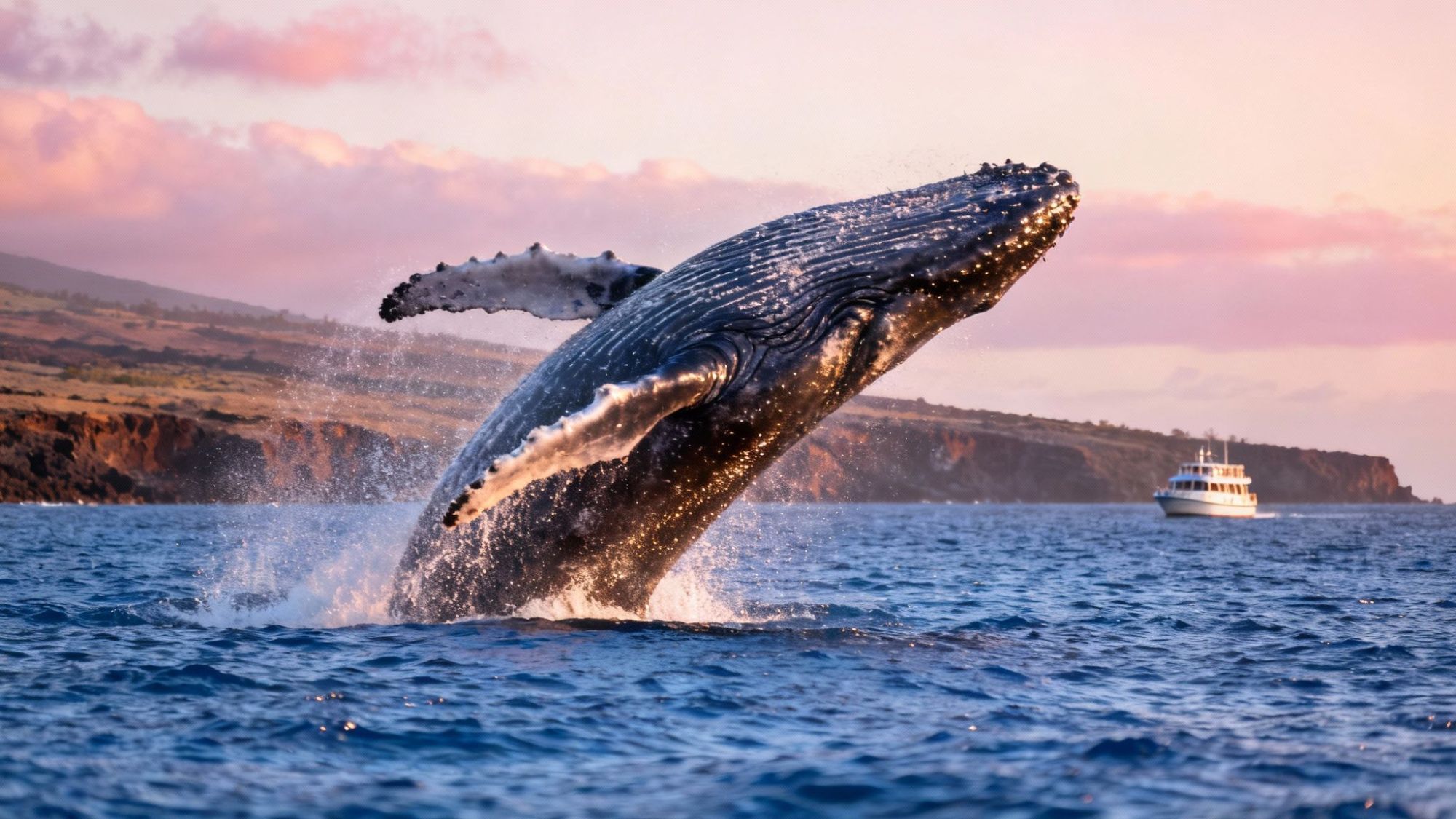 Humpback whale breaching near a boat at sunset with cliffs in the background.