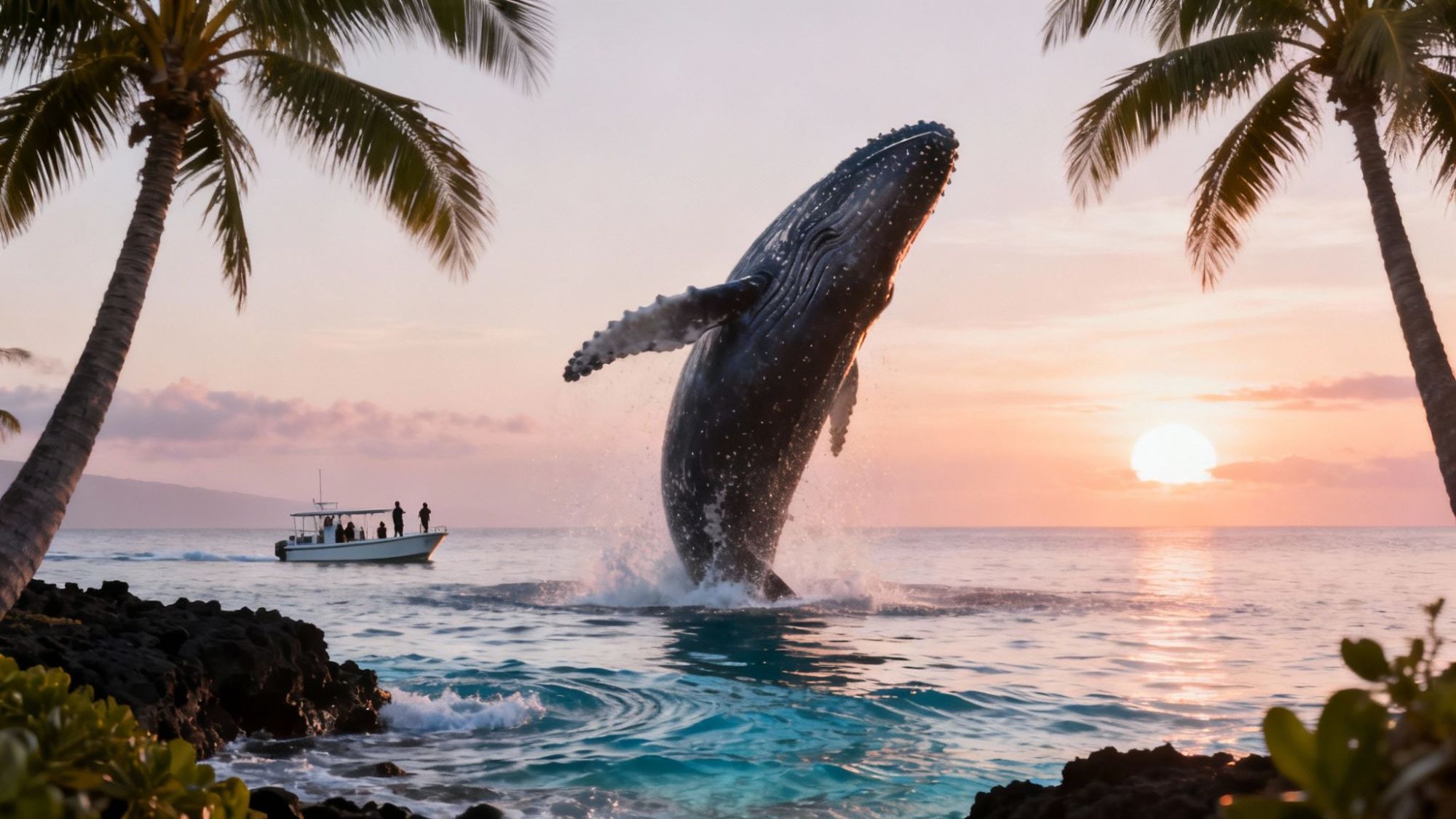 Whale breaching near palm trees at sunset with a boat in the background.