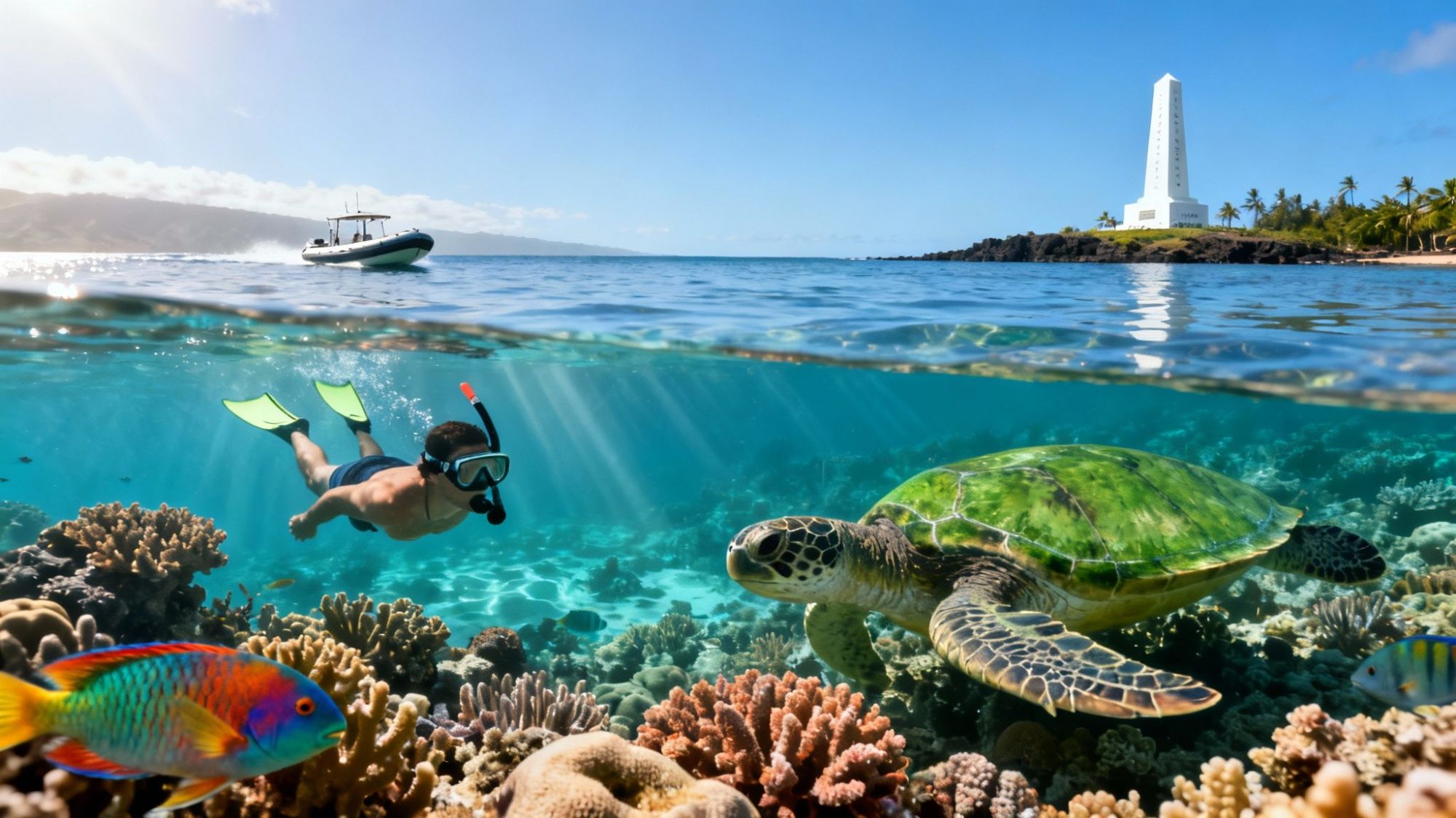 Snorkeler swims with turtle near coral reef, boat and monument visible on ocean surface.