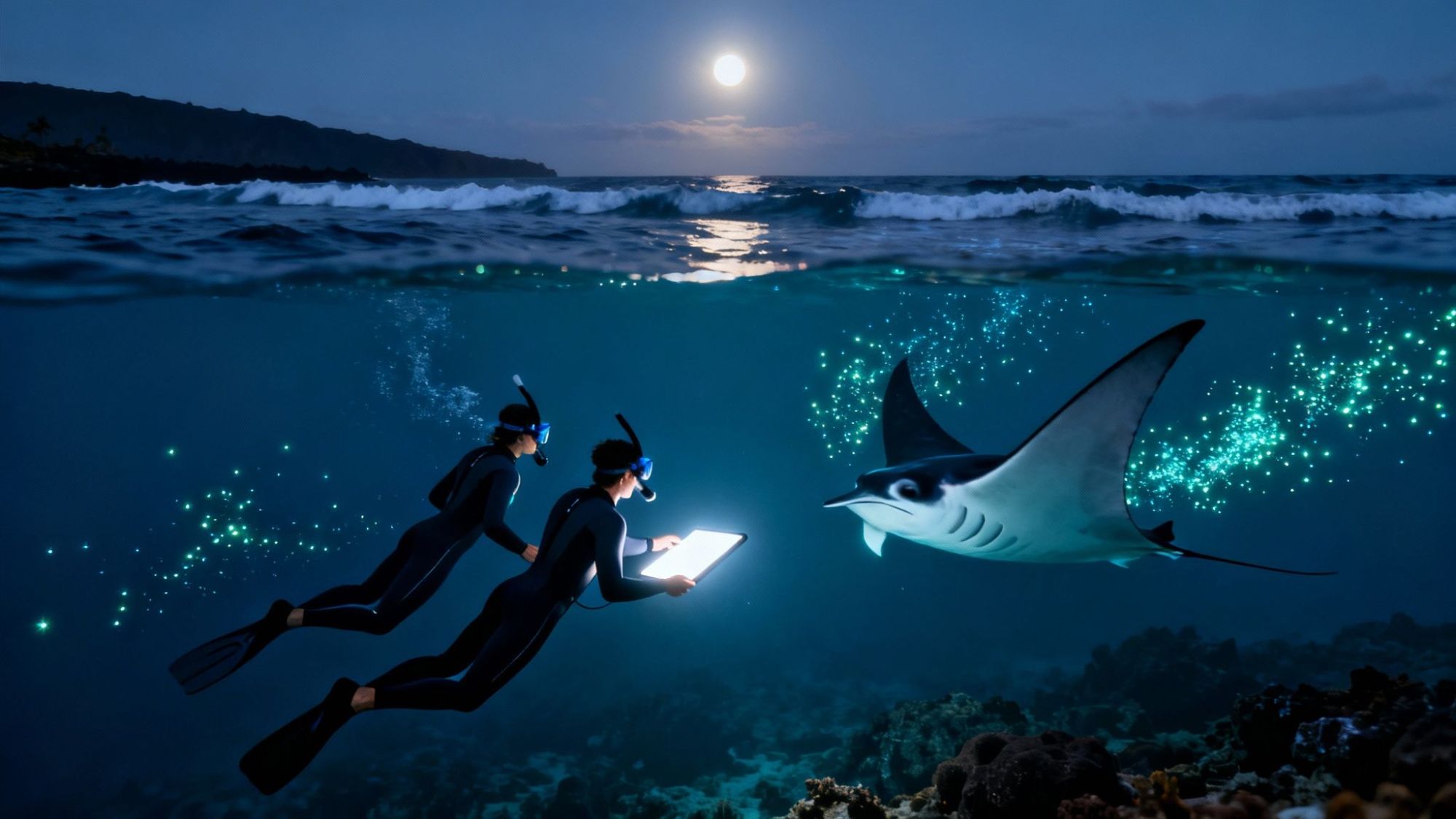 Two snorkelers with a tablet swim near a manta ray under moonlit waters.