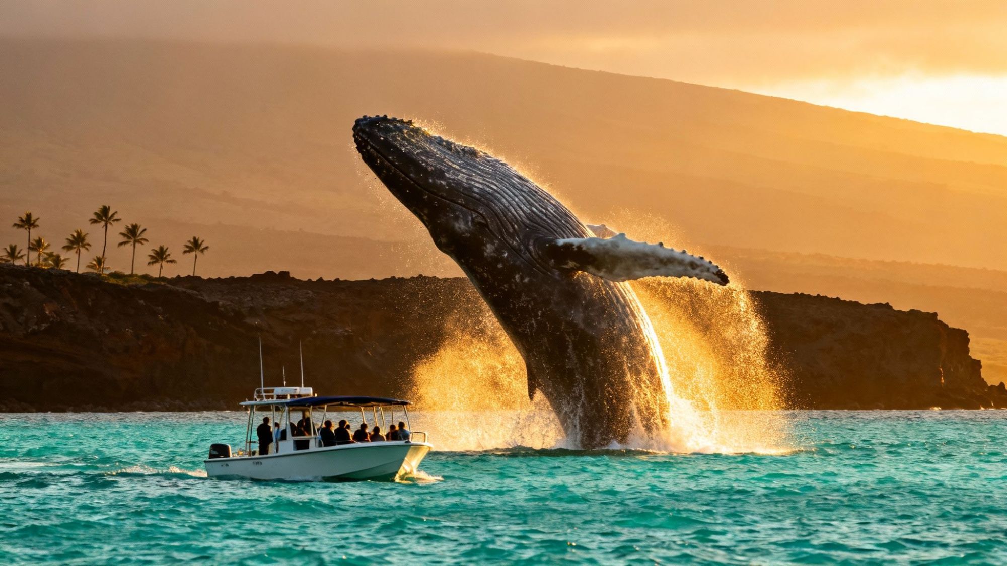 Whale breaching near boat at sunset with mountains in the background.