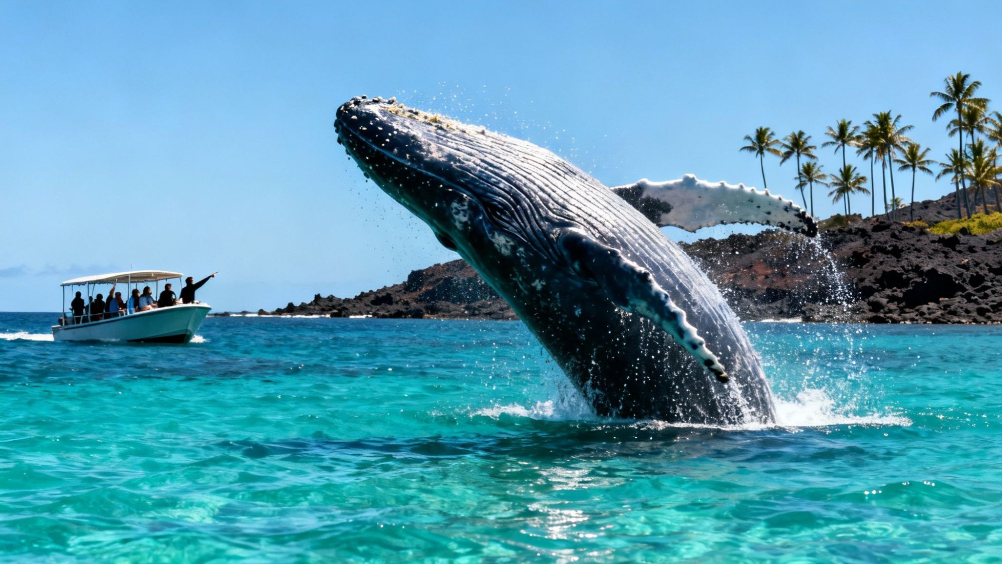 Humpback whale breaching near a boat in turquoise ocean, with palm trees and rocky shore in the background.