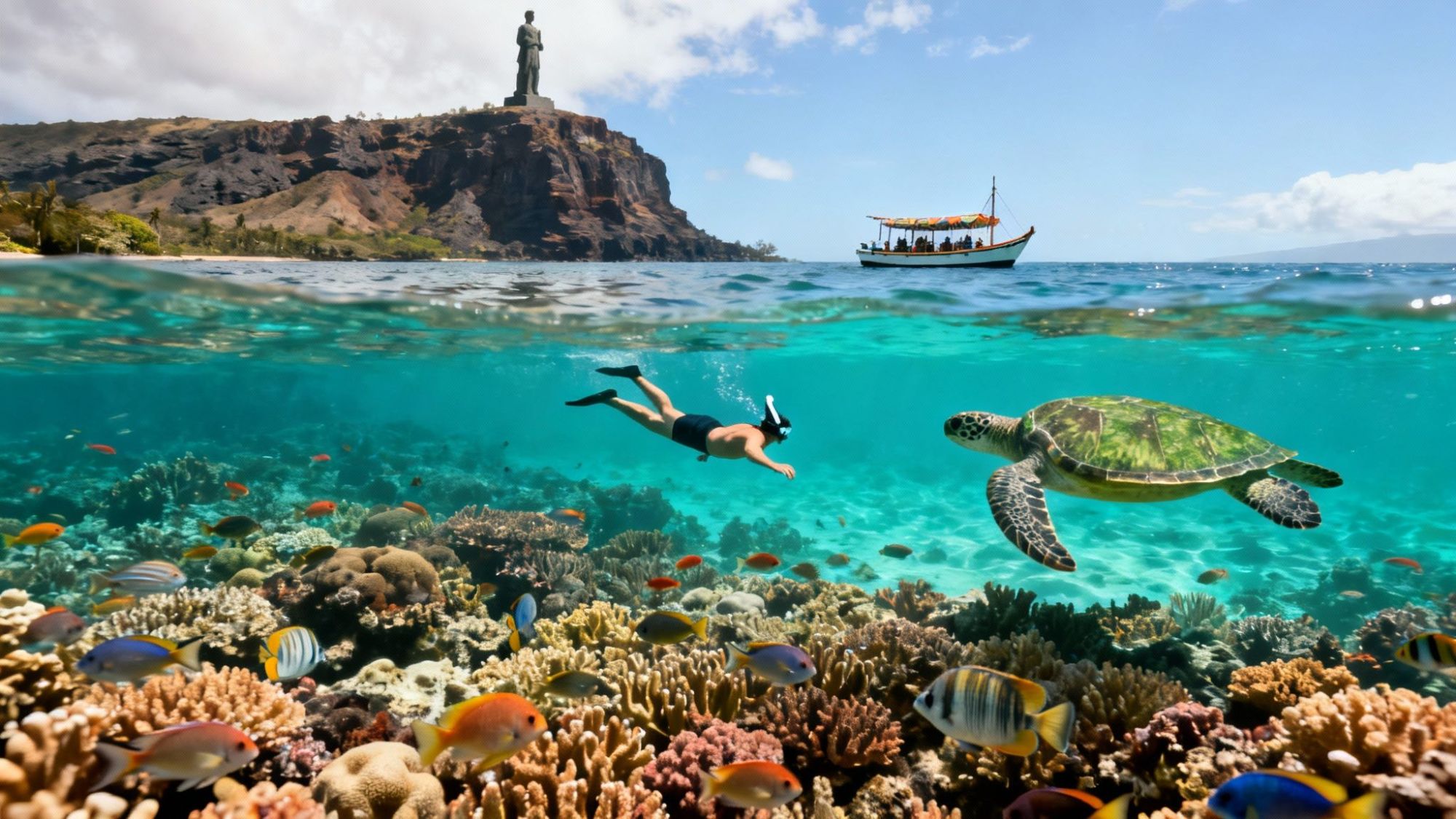 Snorkeler and turtle underwater, with boat and statue on cliff above.