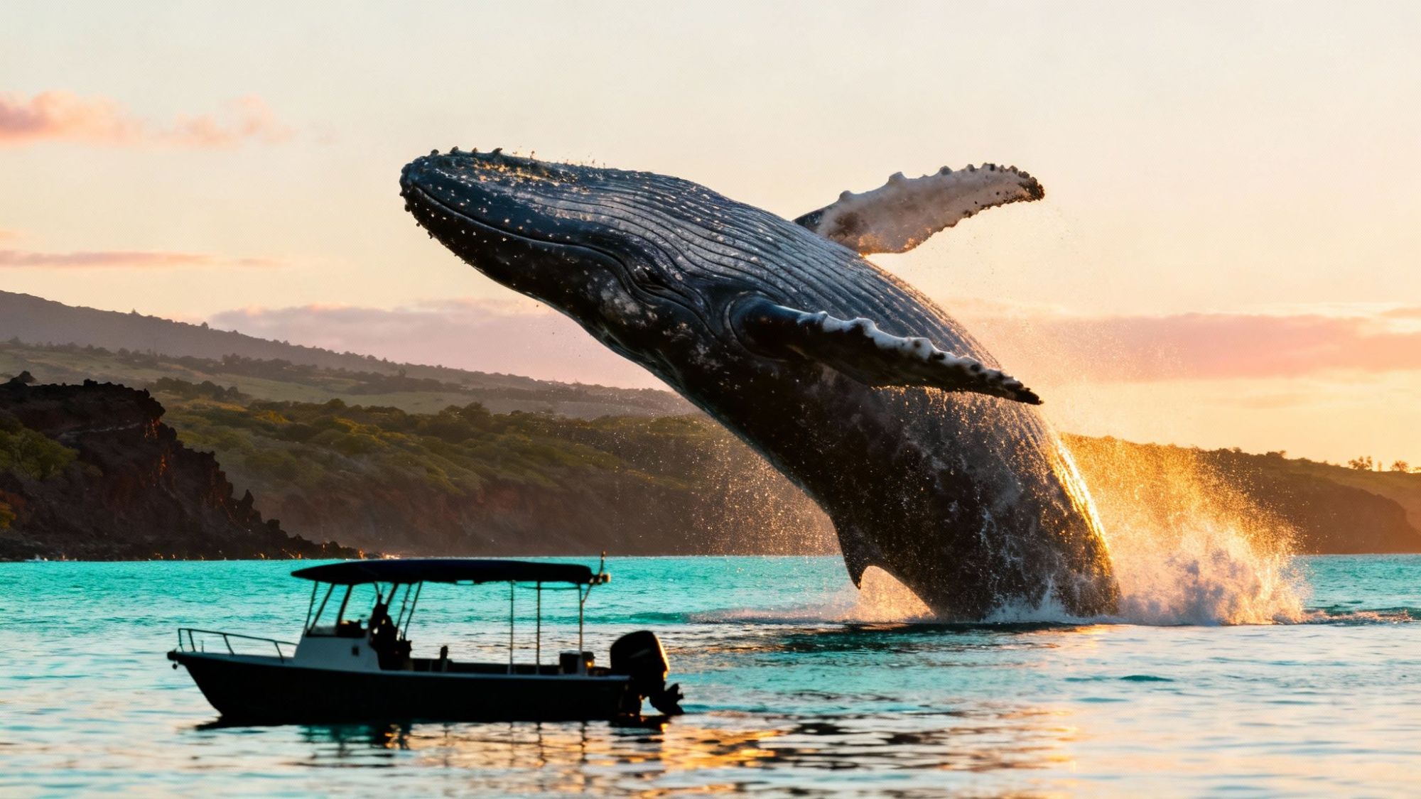 Humpback whale breaching near boat in ocean at sunset, with hills in background.