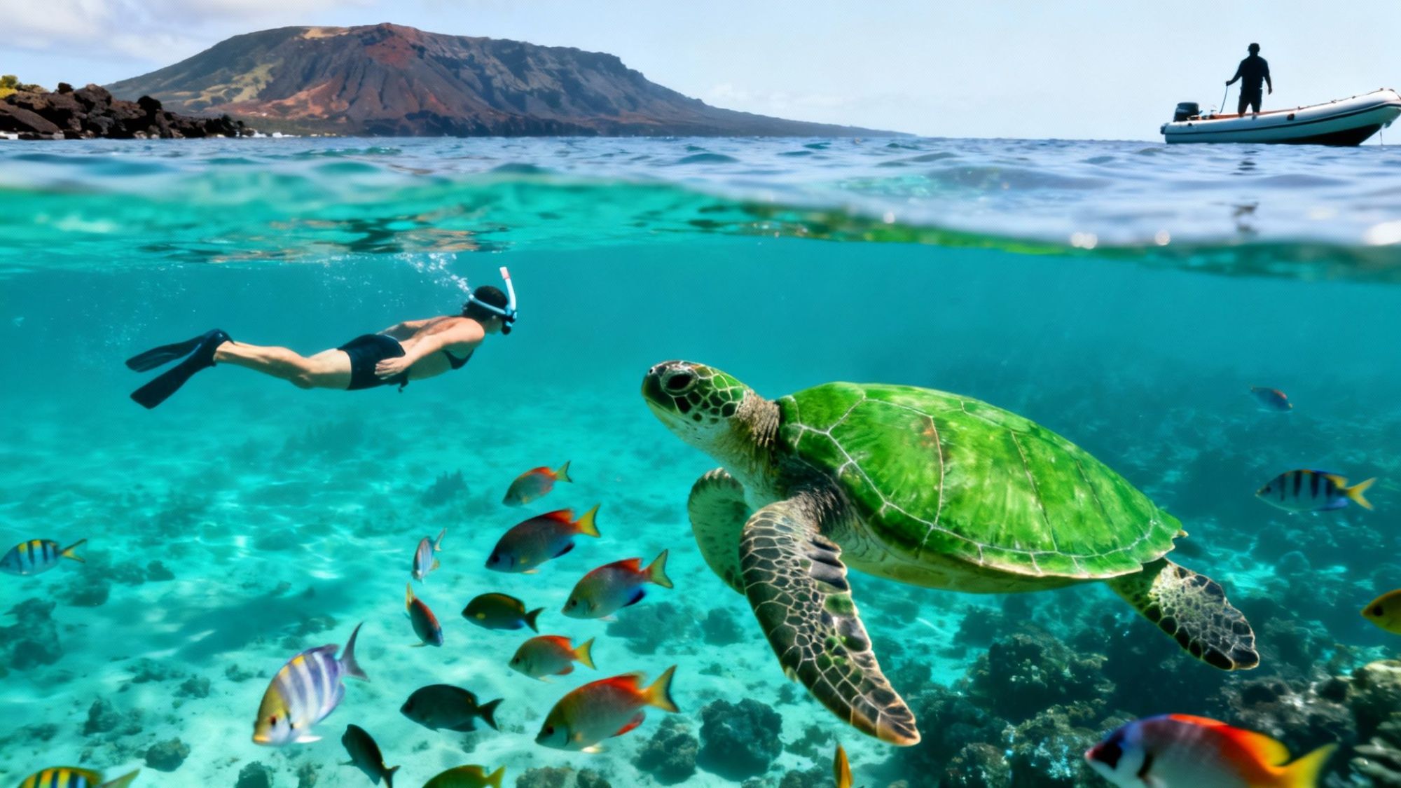 Snorkeler and sea turtle swim in clear water with colorful fish; boat and island in background.