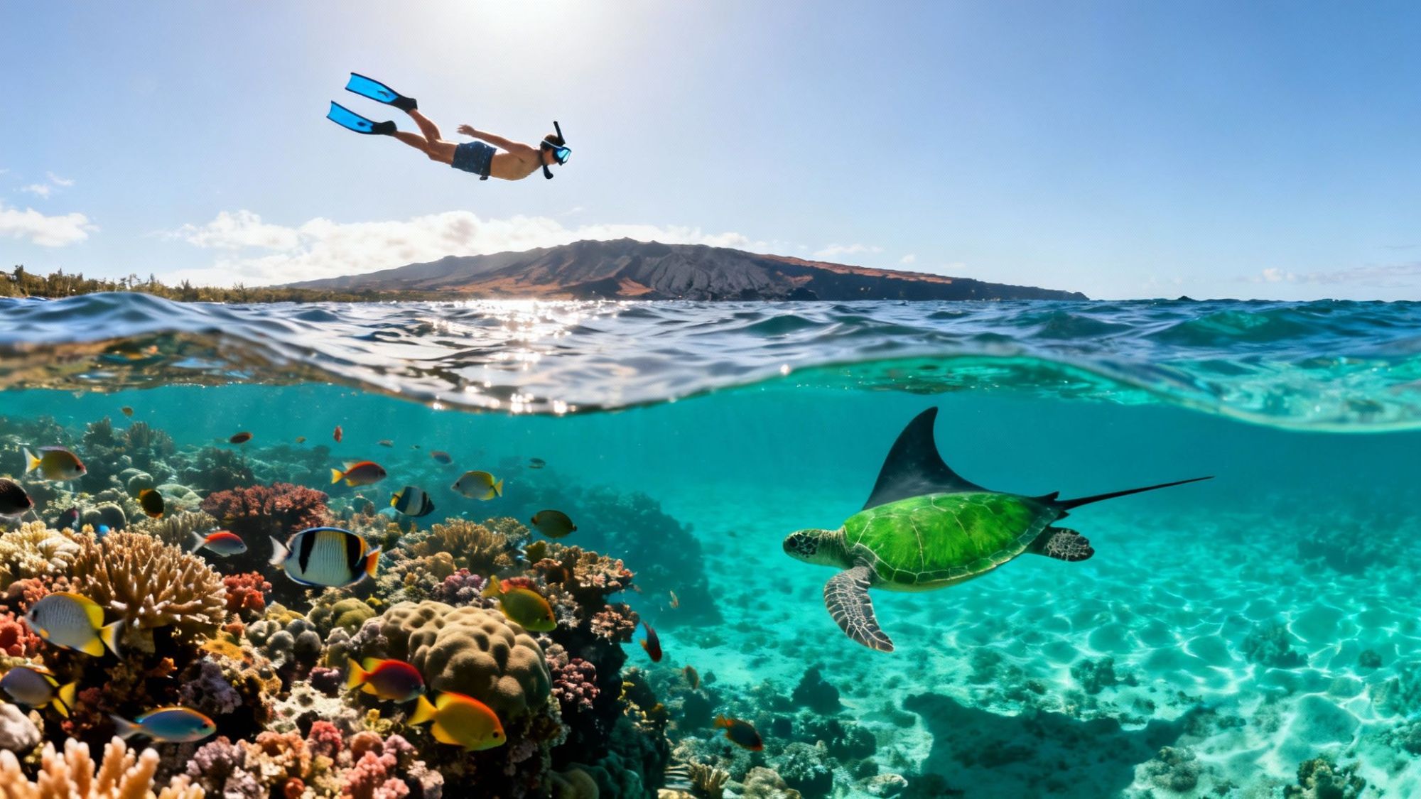 Snorkeler above coral reef with fish and turtle underwater, sunny sky and distant island.