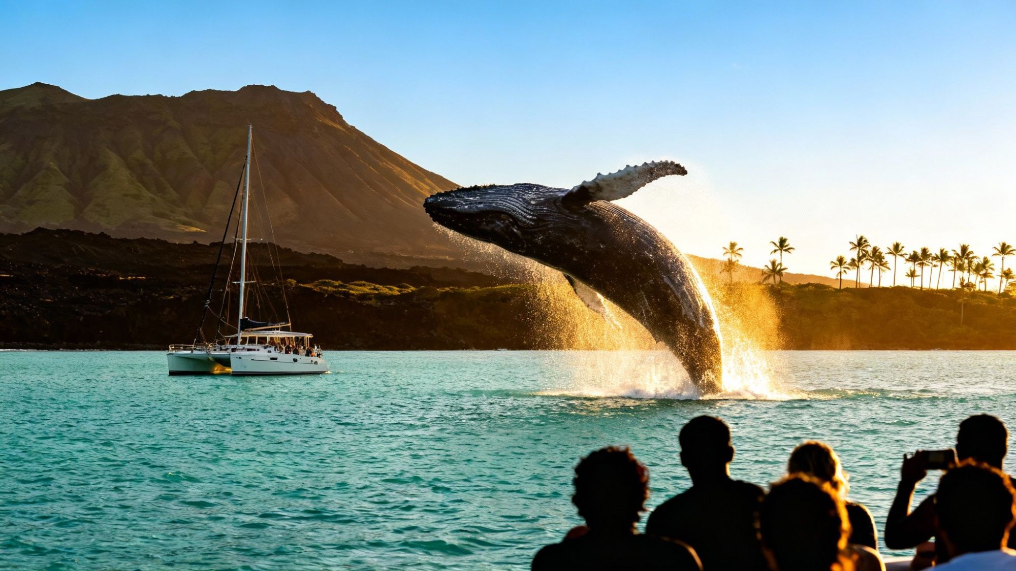 Whale breaching near people on boat, with mountain and palm trees in background at sunset.