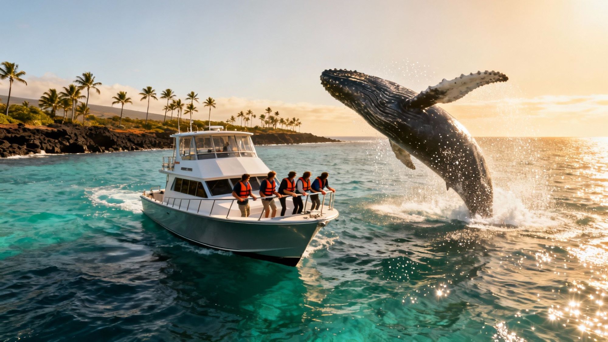 Whale breaching near a boat with people in orange vests, surrounded by palm trees and ocean at sunset.