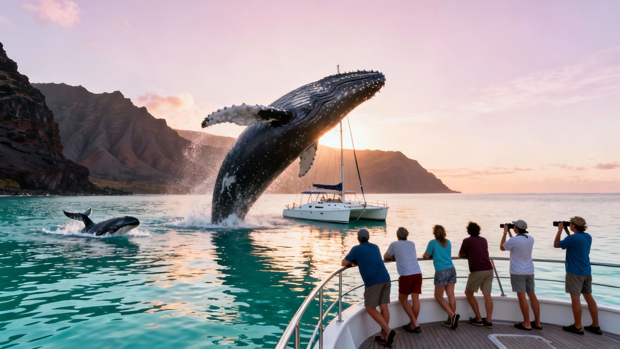 Whale breaching near a boat, with onlookers taking photos during sunset.