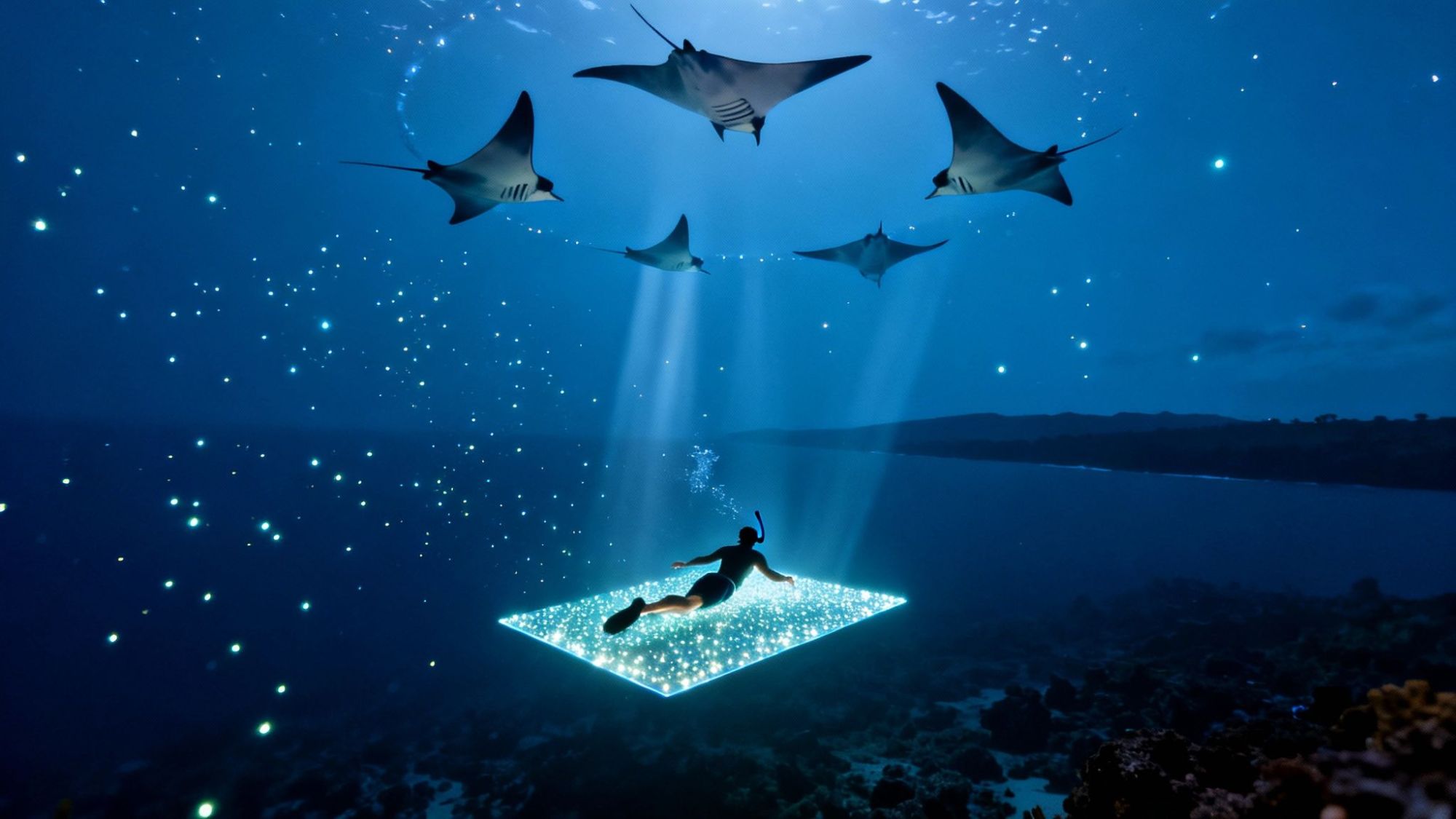 Person snorkeling over a glowing platform, surrounded by rays underwater.