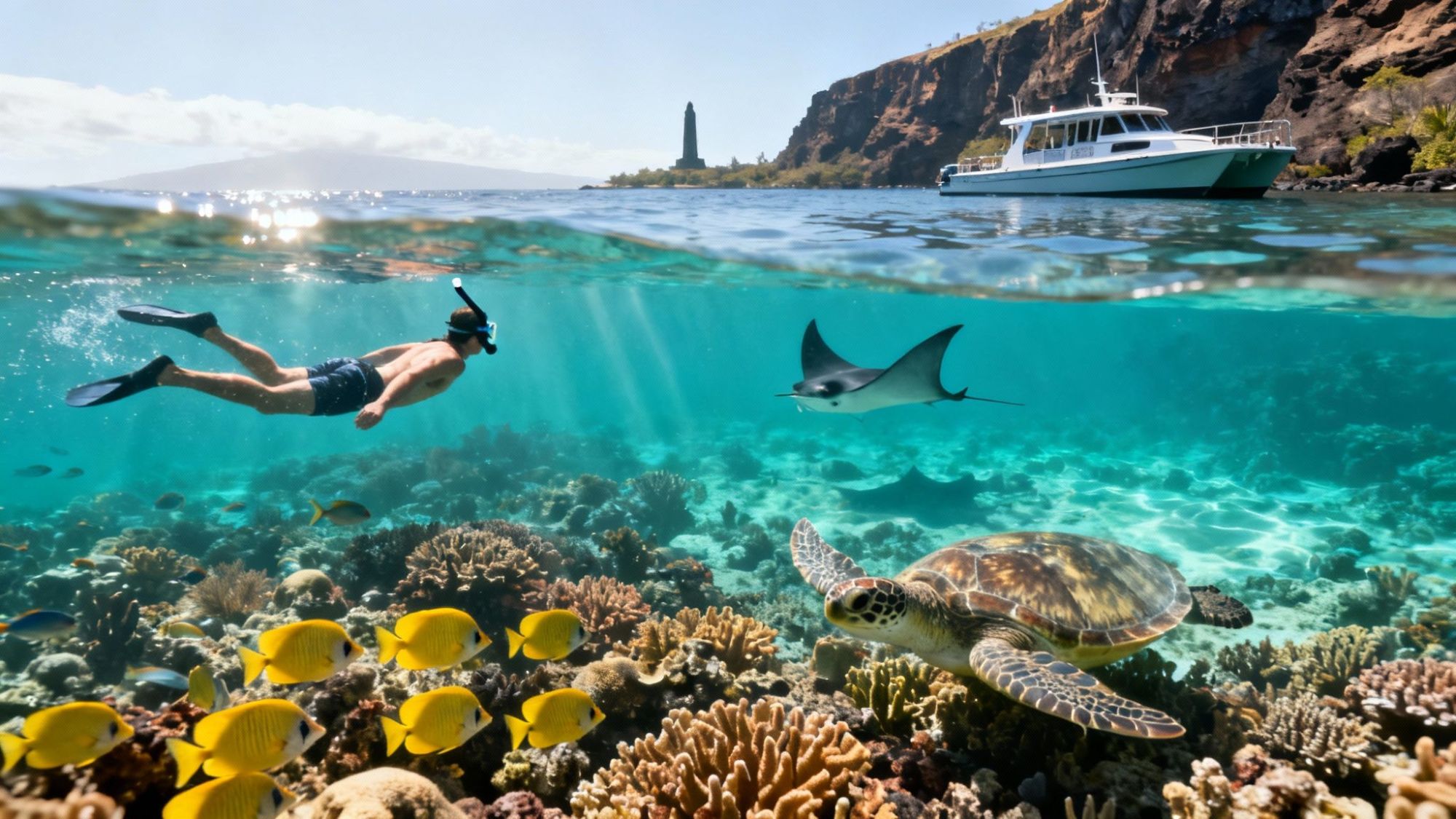 Snorkeler swims near coral reef with fish, sea turtle, and manta ray; boat and cliffs in background.