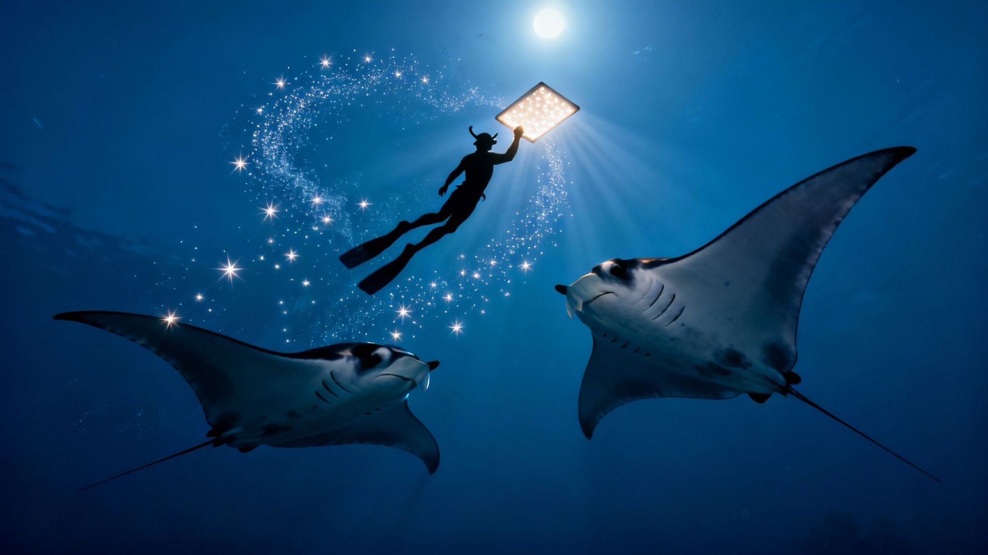 Diver holding light, swimming with two manta rays and surrounded by sparkling particles underwater.