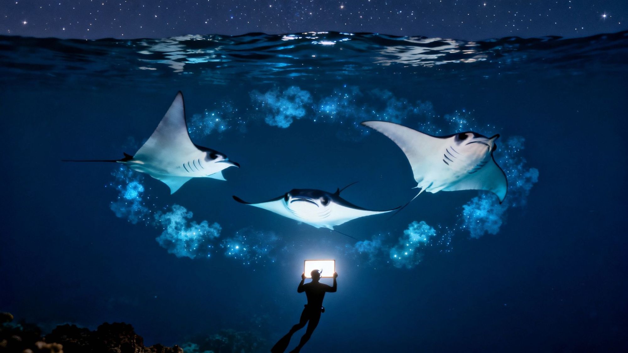 Underwater diver with tablet and three manta rays in a starry night setting.