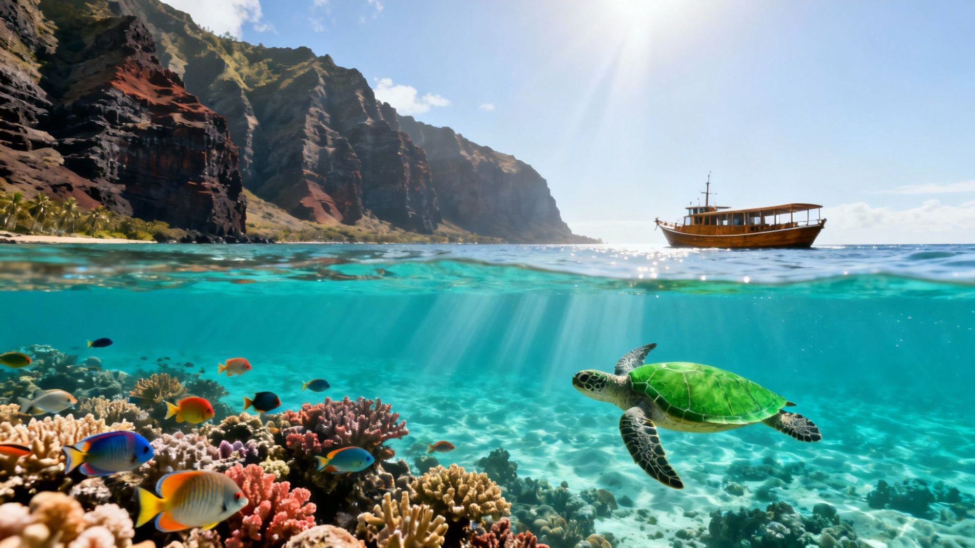 Underwater view of a turtle and fish near coral, with a boat and cliffs above.