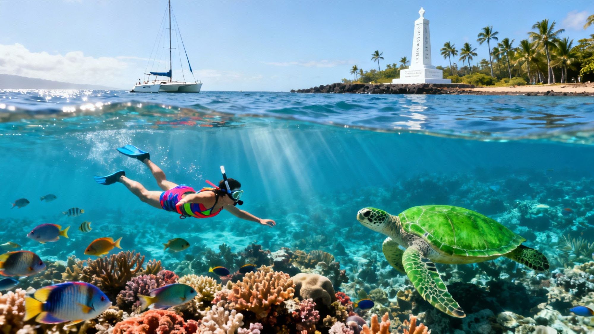 Snorkeler swimming near a sea turtle and colorful fish, with a sailboat and monument on a tropical shoreline.