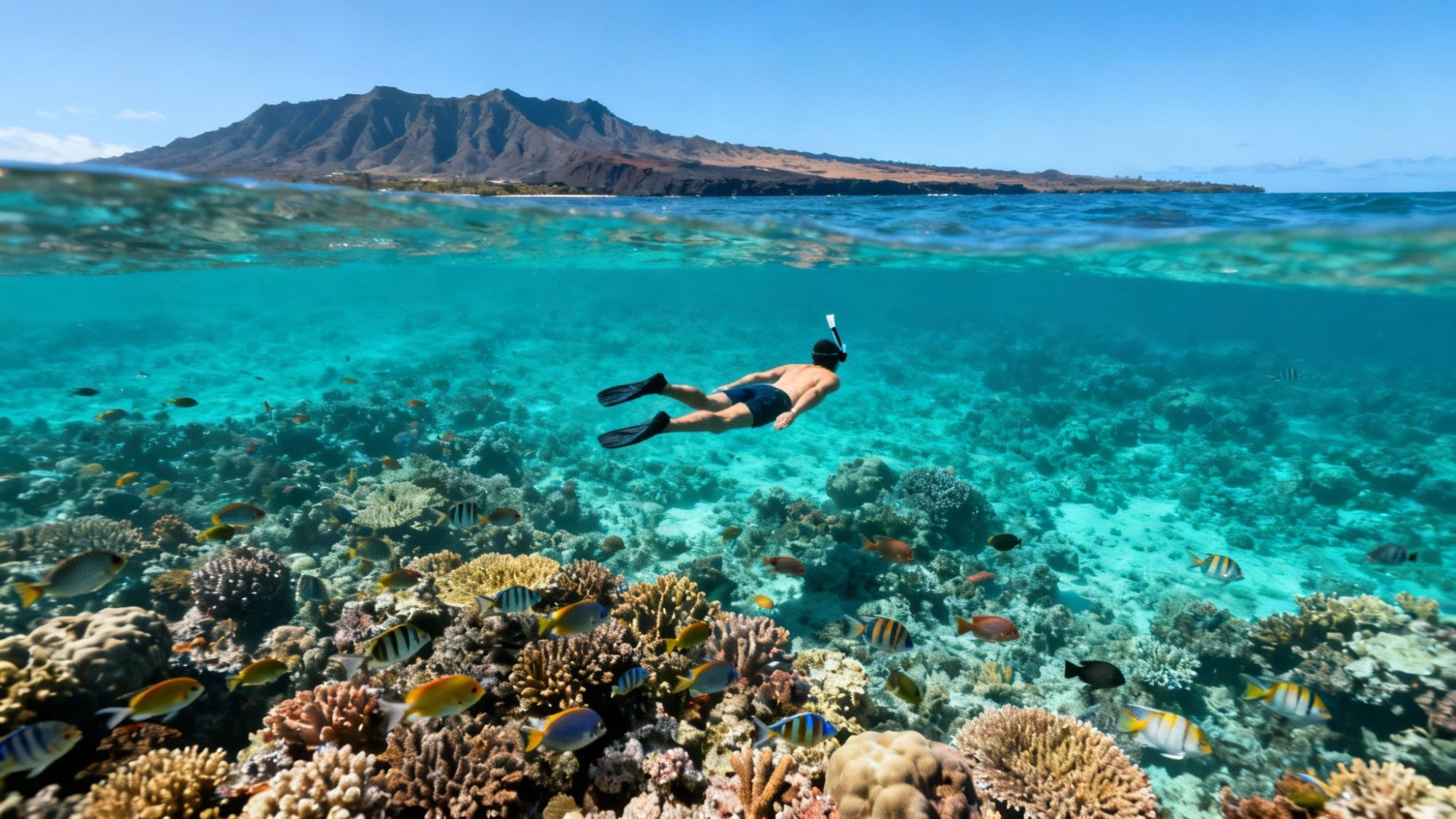 Person snorkeling over coral reef with fish, clear water, and mountain in background.