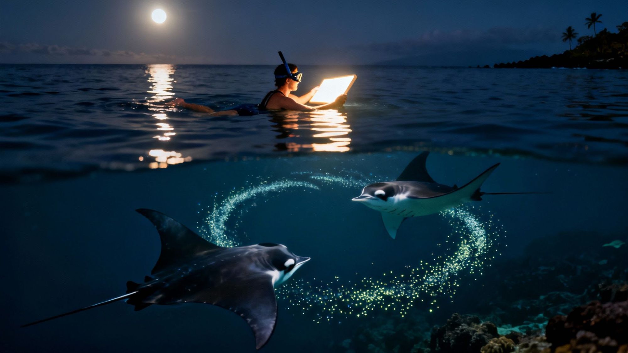 Diver holds a light on the ocean surface at night, with two manta rays swimming below in a bioluminescent circle.