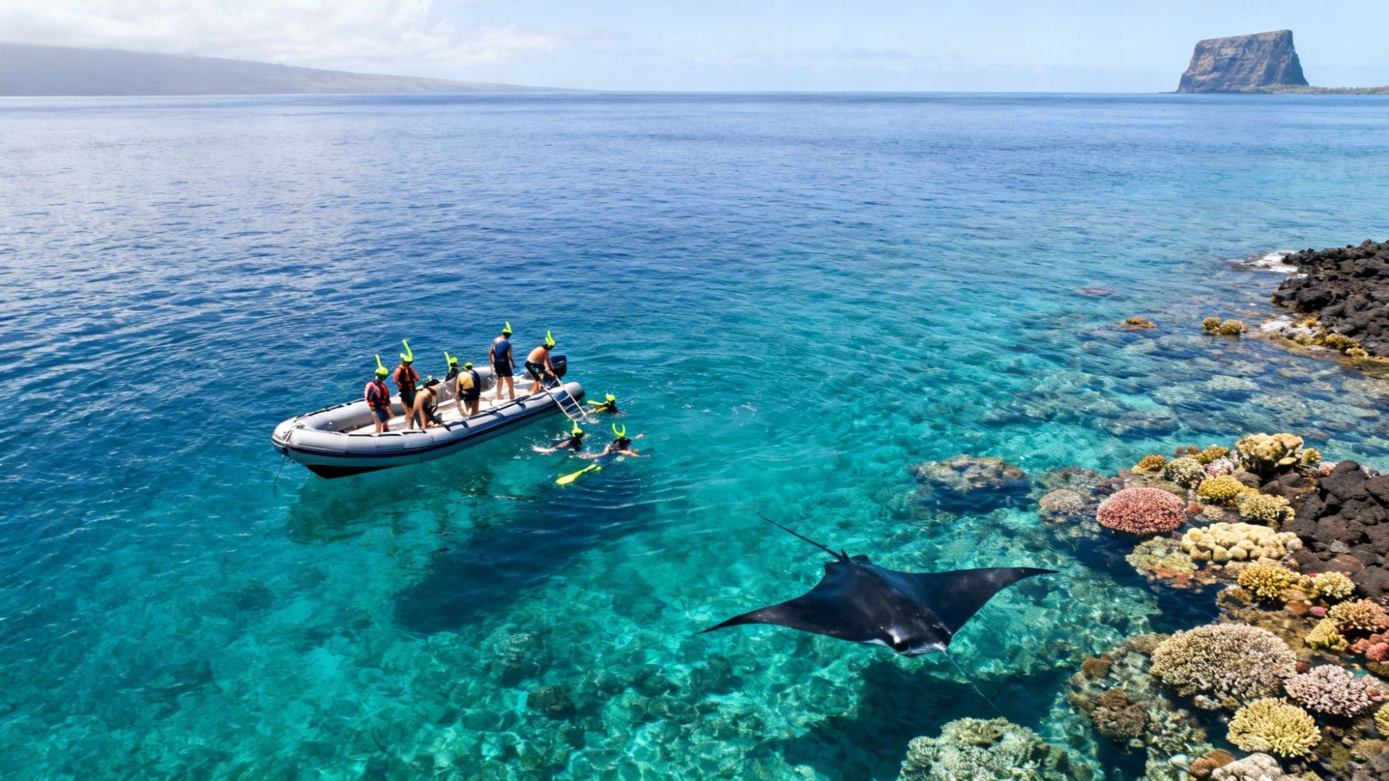 People on a boat snorkel near coral reef with a manta ray in clear blue water.