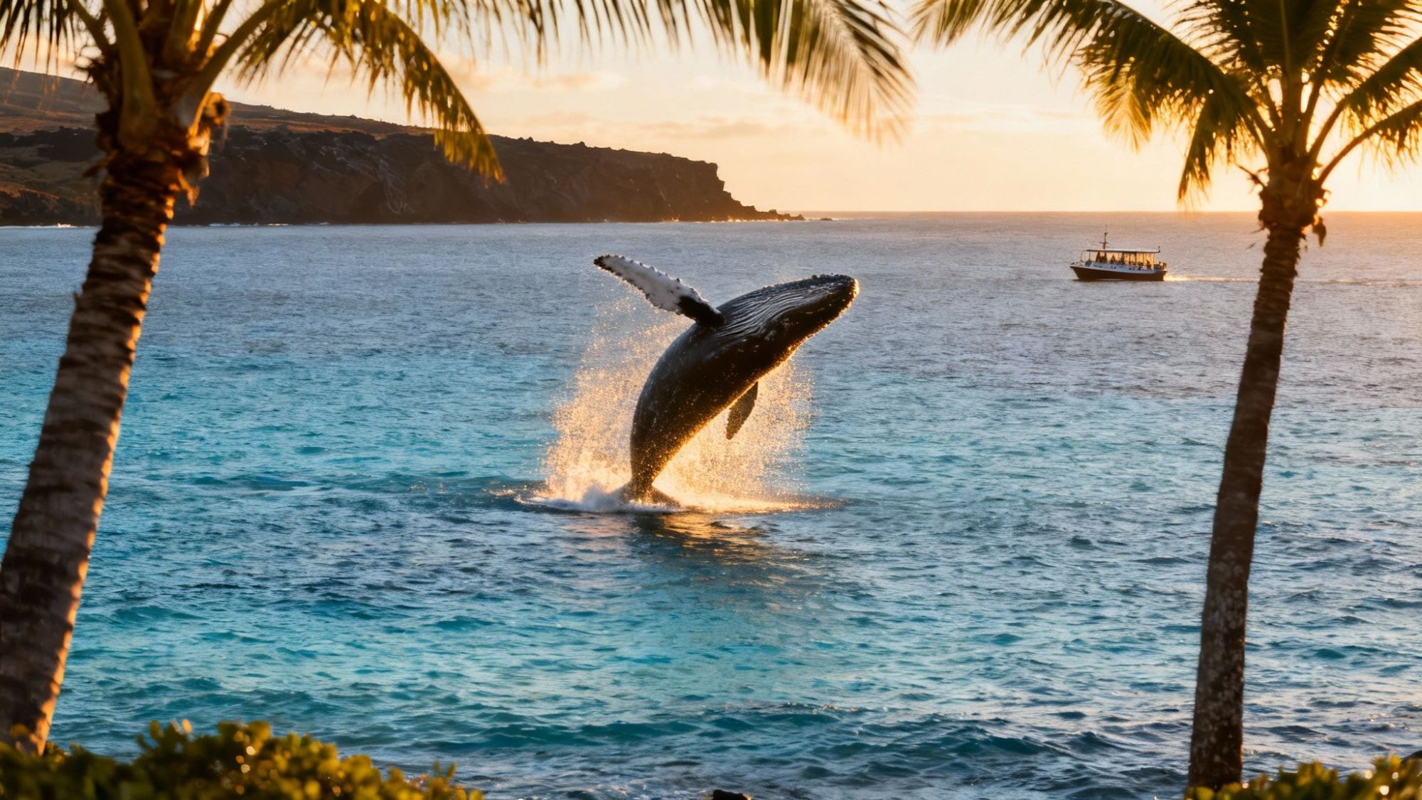 Whale breaching in ocean at sunset, framed by palm trees, with boat in background.
