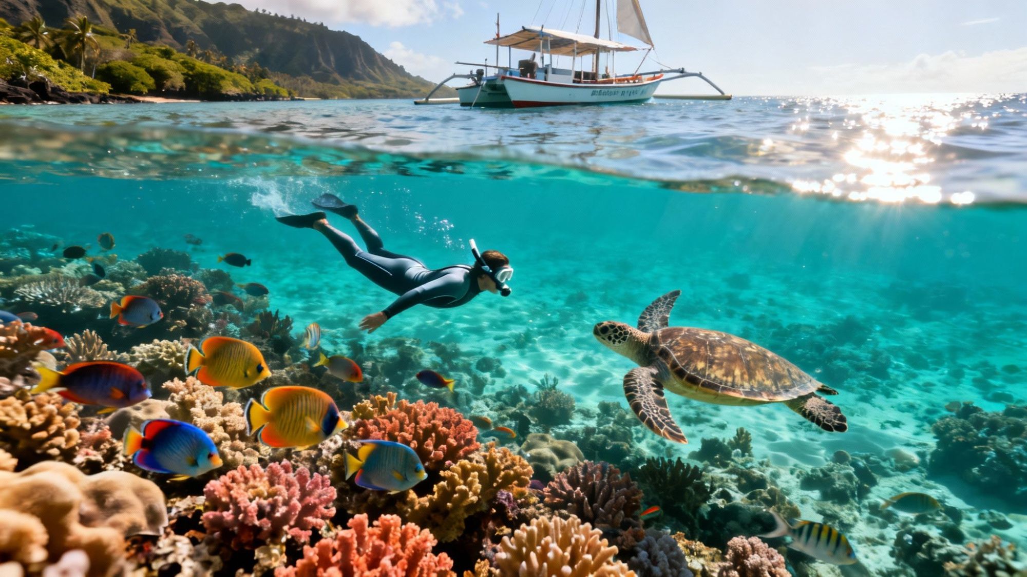 Snorkeler near coral reef with fish and sea turtle, boat on water, mountains in background.