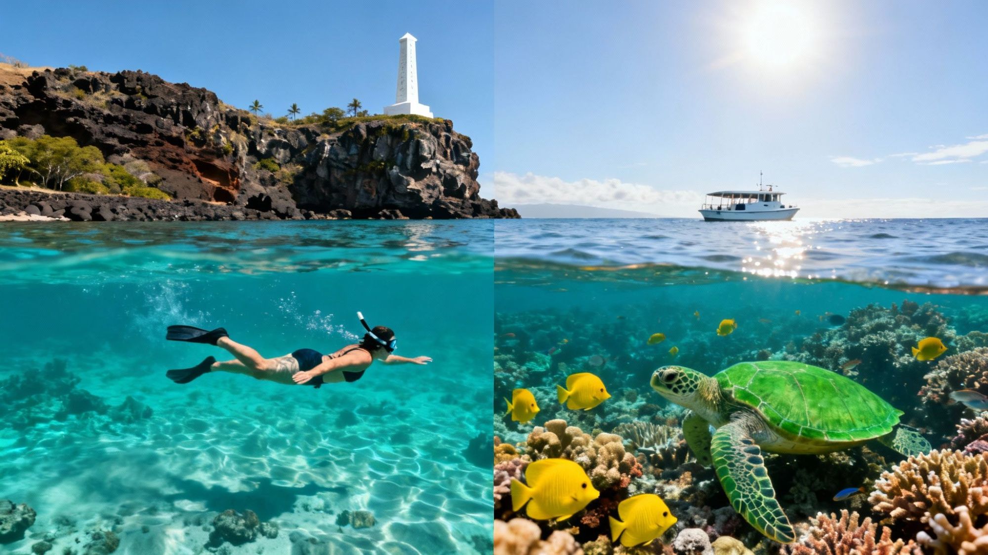 Split image: snorkeler near cliff with monument, turtle and fish underwater near boat.