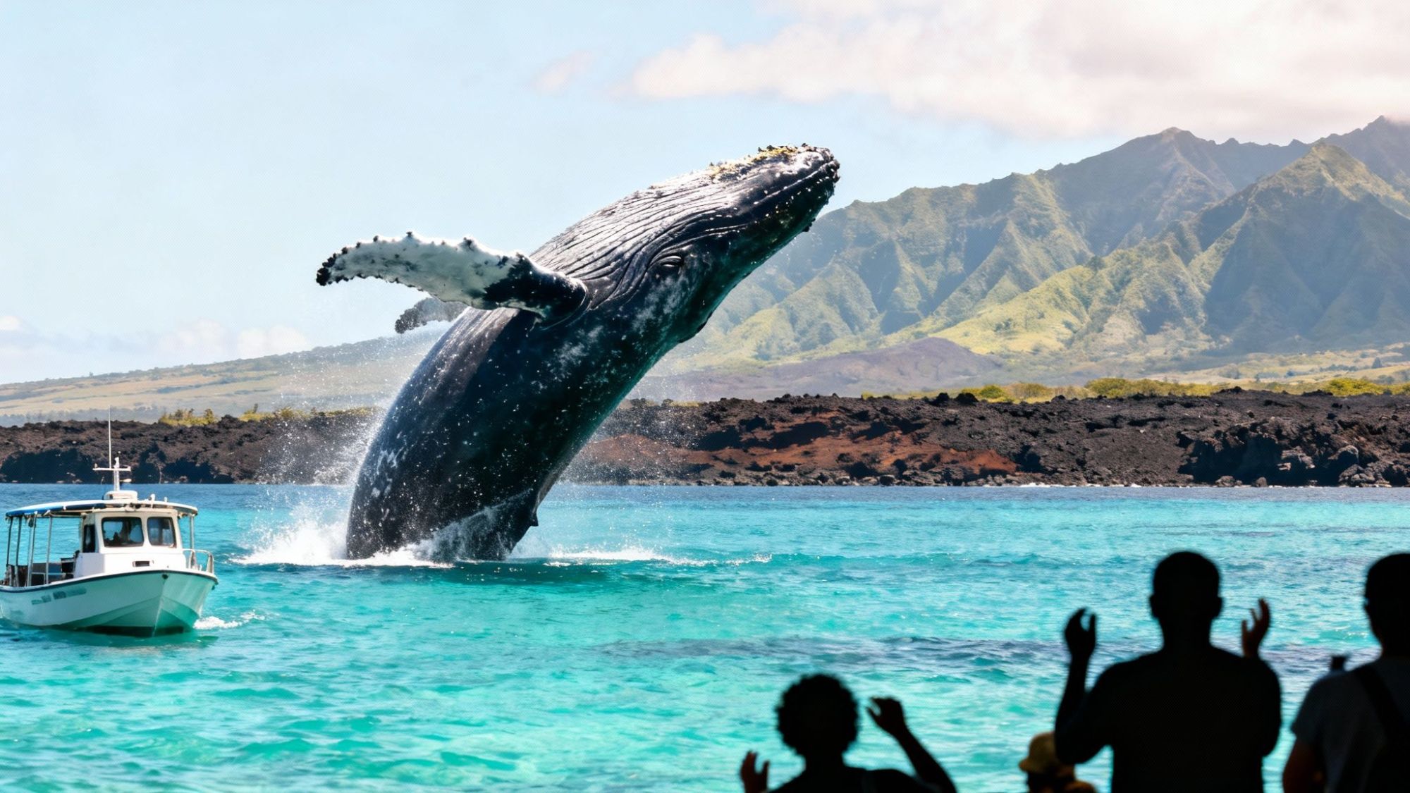 A whale breaching near a boat with silhouetted people in the foreground against a mountainous backdrop.