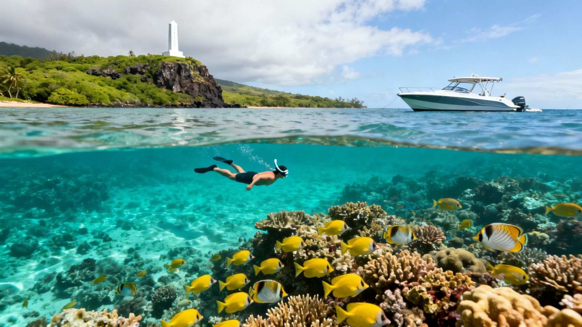 Snorkeler swimming over coral reef, yellow fish below, boat above, and lighthouse on hill in the background.