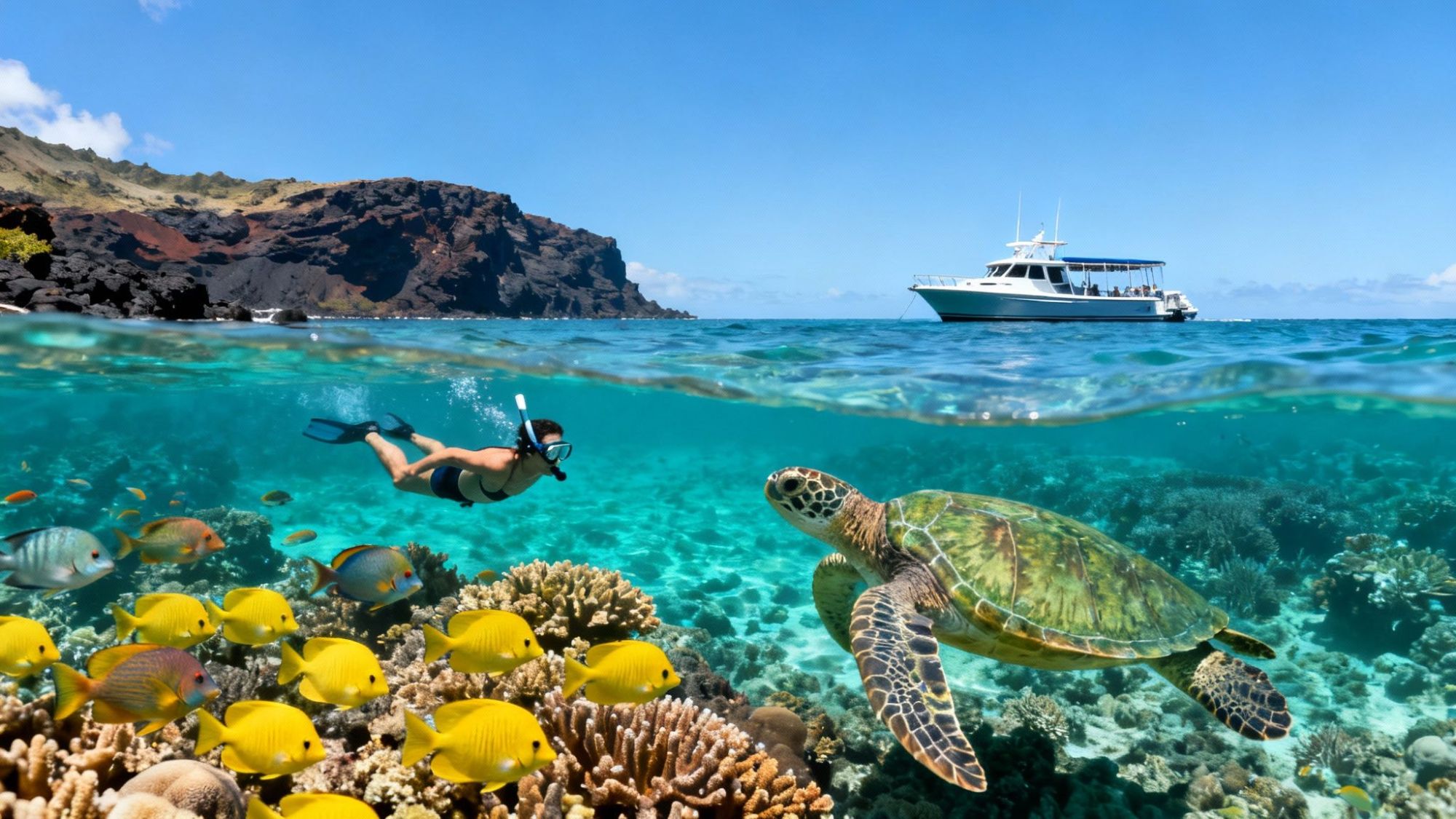 Snorkeler, sea turtle, and colorful fish near a boat in clear water against a rocky coastline.