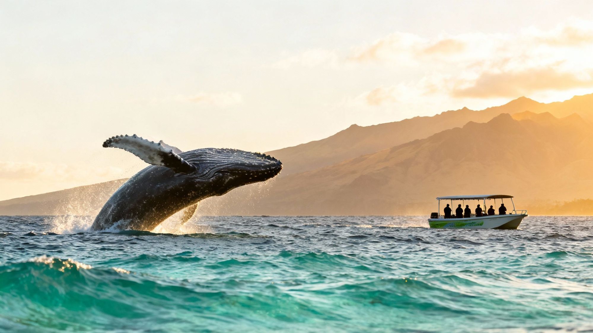 Whale breaching near a small boat with people, set against a mountain landscape at sunset.
