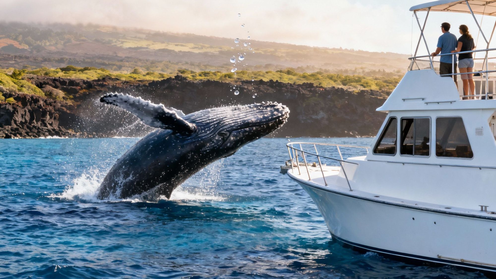 Whale breaching near a boat with people watching against a rocky shoreline.