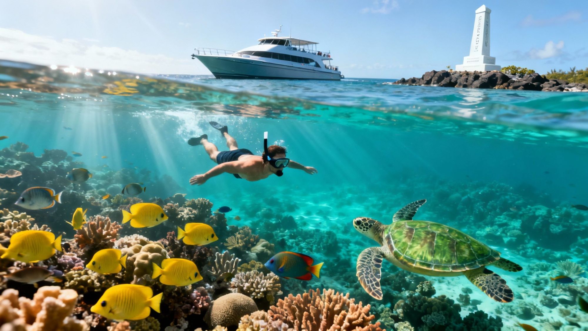 Snorkeler swims over coral reef with fish and turtle; boat and monument in background.
