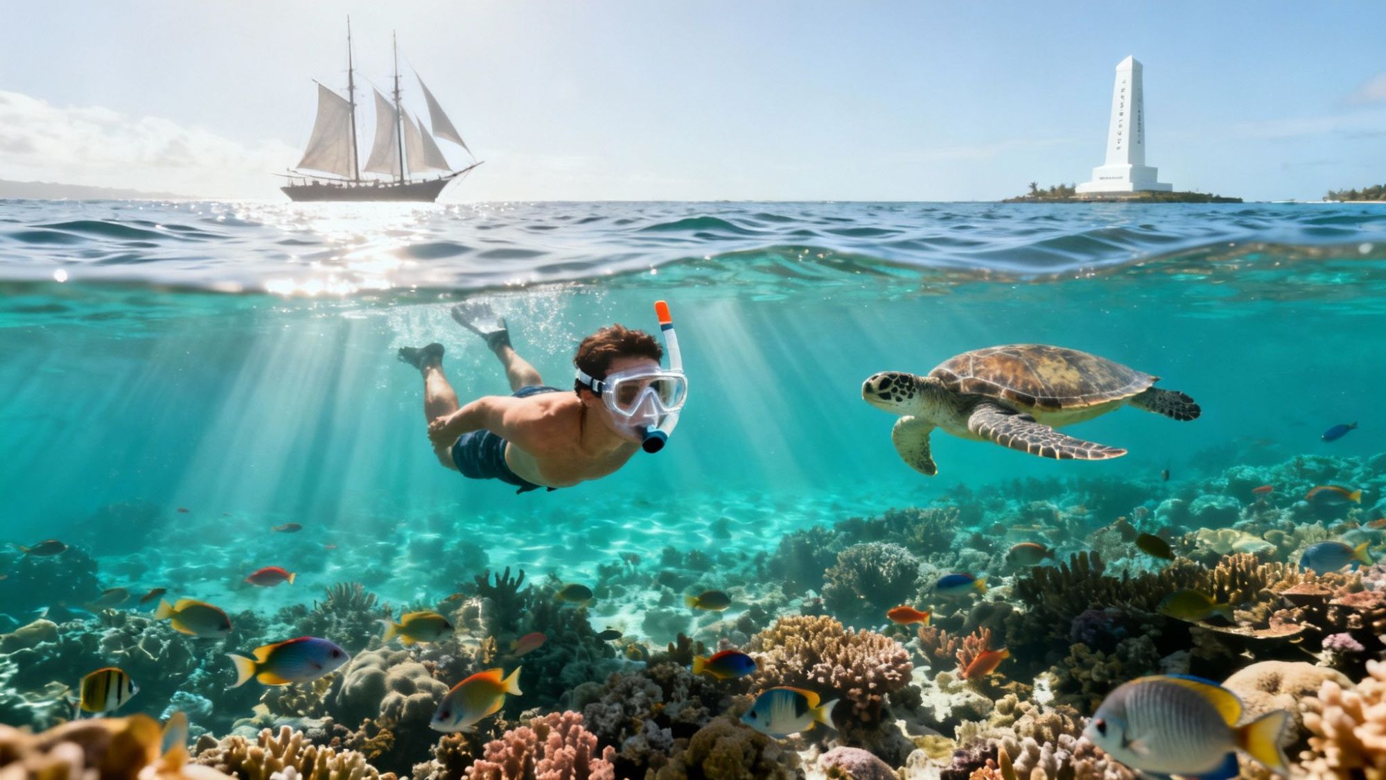 Snorkeler and turtle swim near coral reef, ship sails above, with a monument in the background.