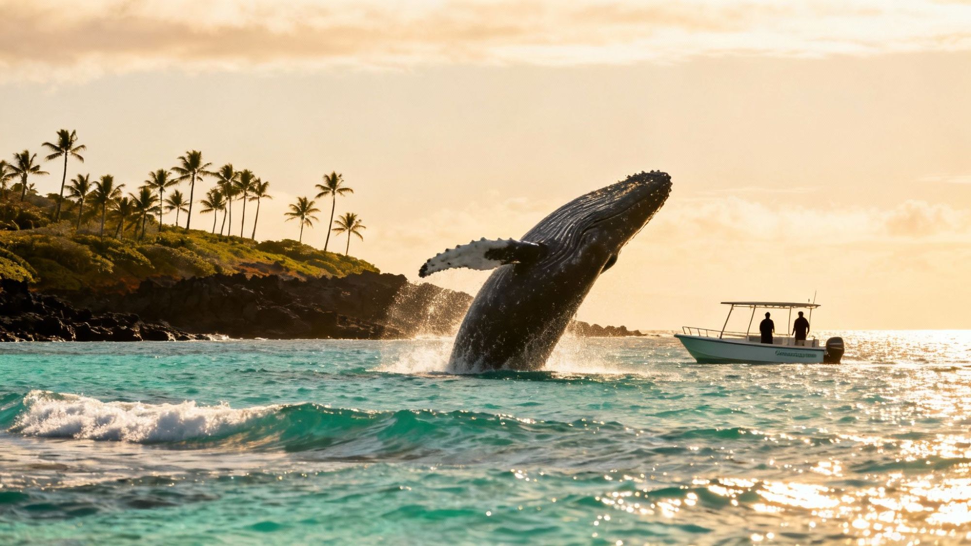 Whale breaching near a boat with people, next to a tropical island with palm trees.