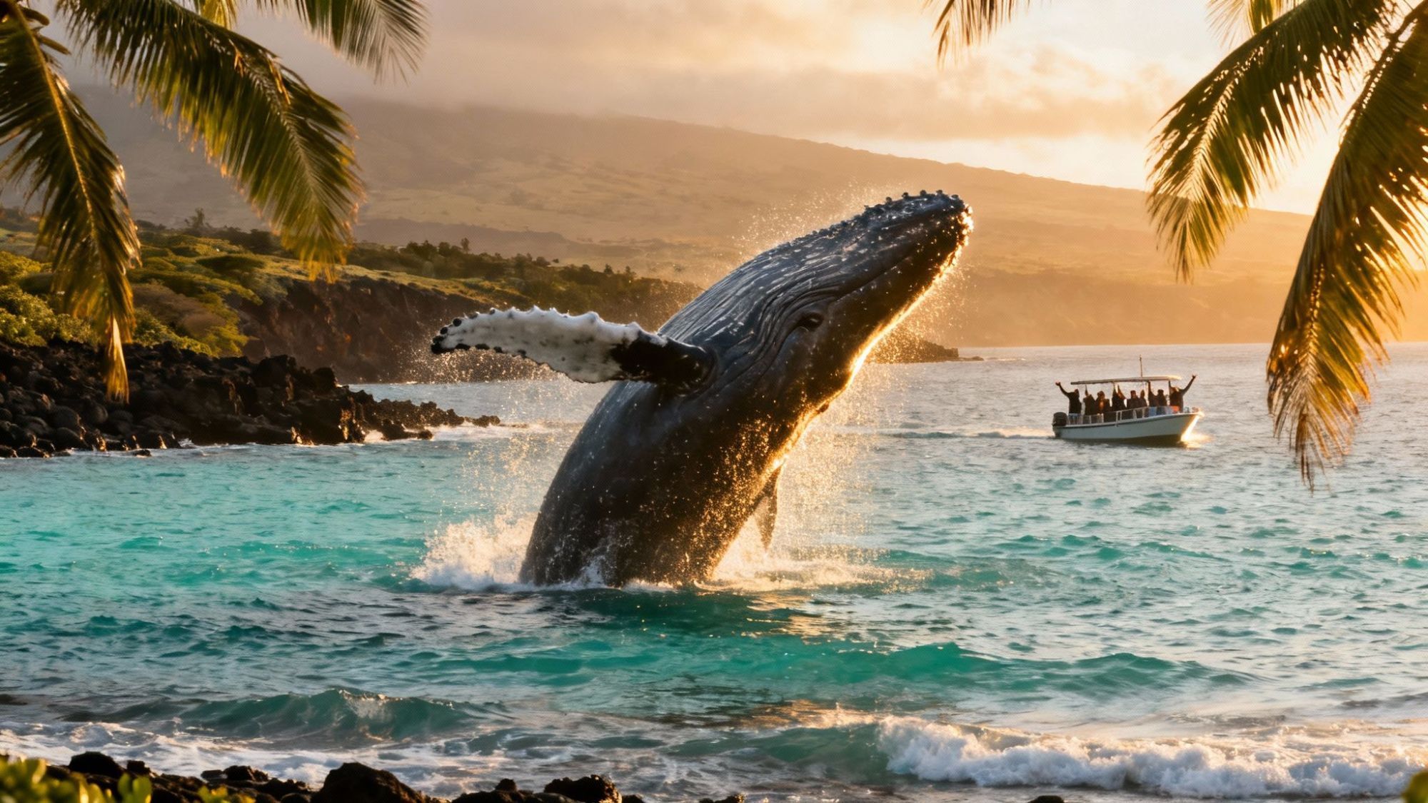 A whale breaches near a boat in tropical ocean with palm trees and mountains at sunset.