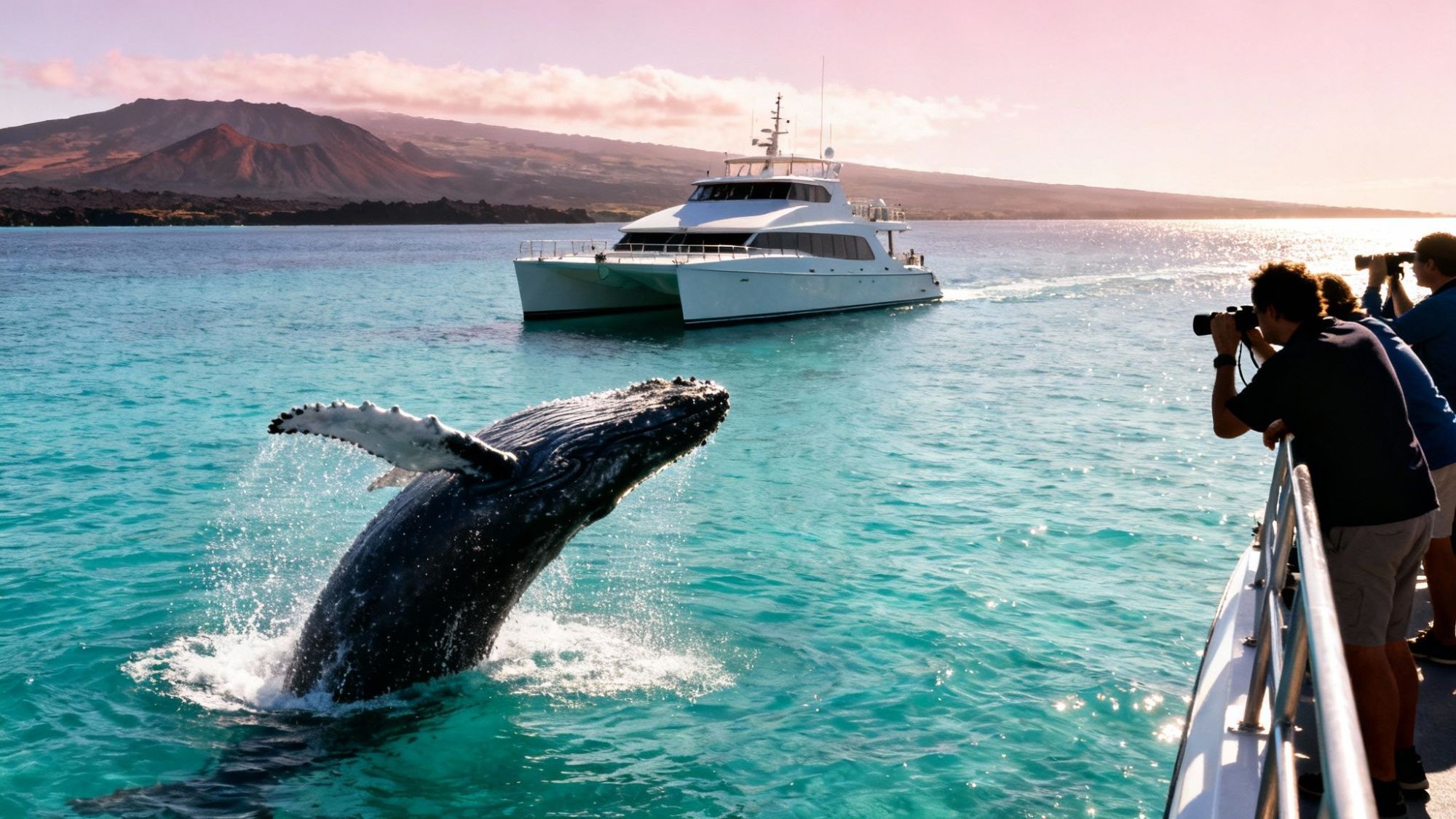Whale breaching near boats in turquoise water with people photographing and a mountain in the background.