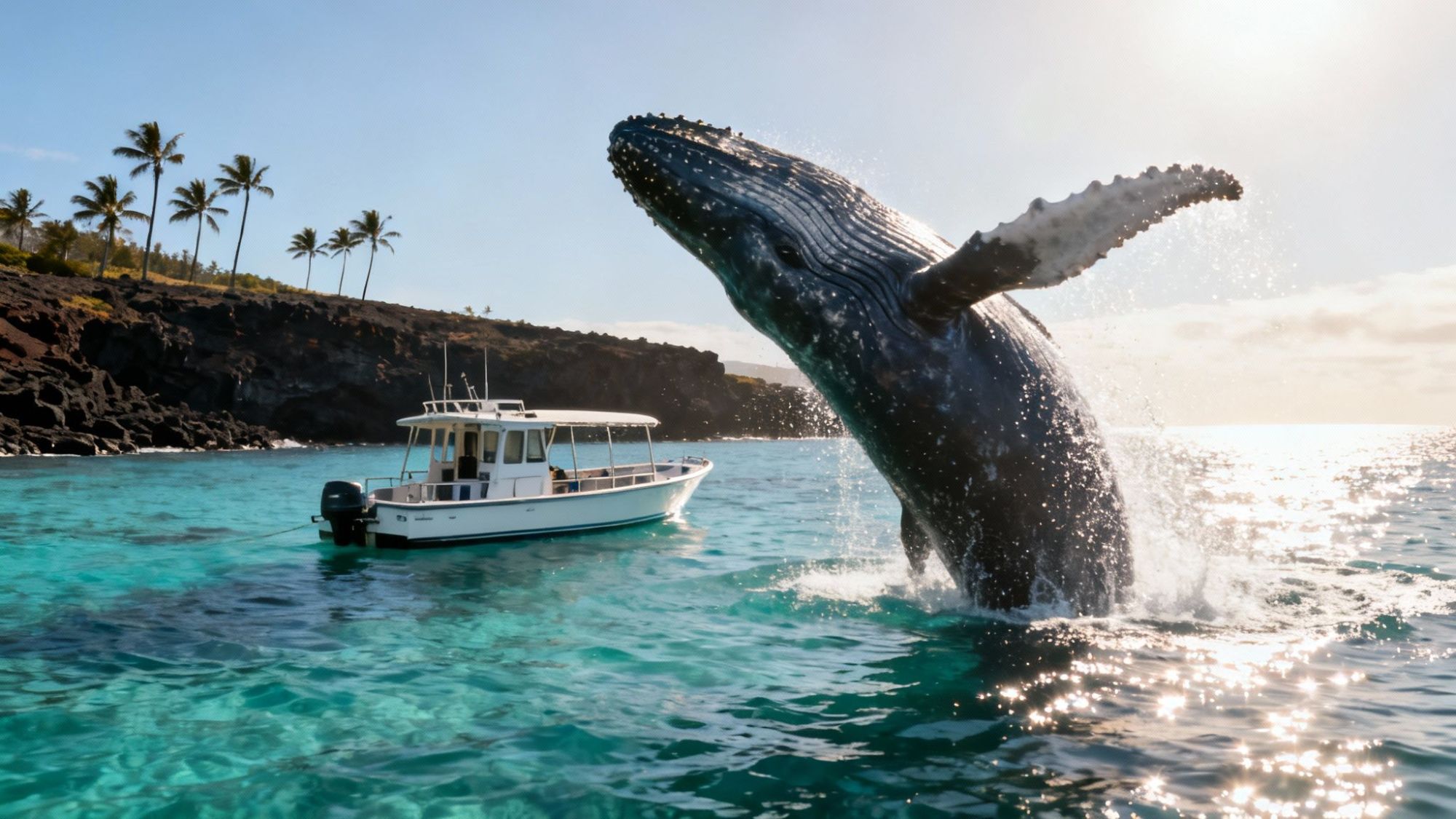 Whale breaching near a boat in blue tropical waters with palm trees on shoreline.
