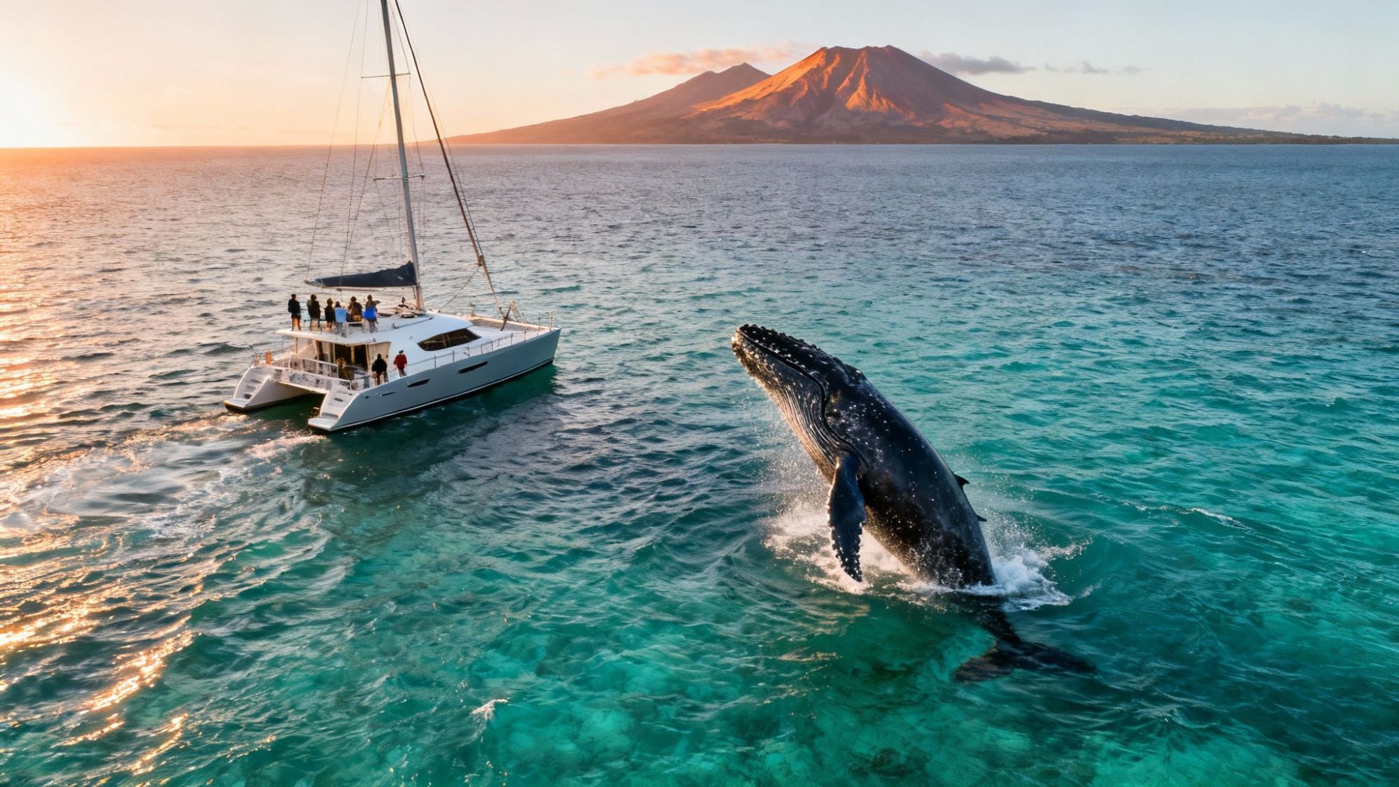 Whale breaching near a sailboat with mountains in the background at sunset.