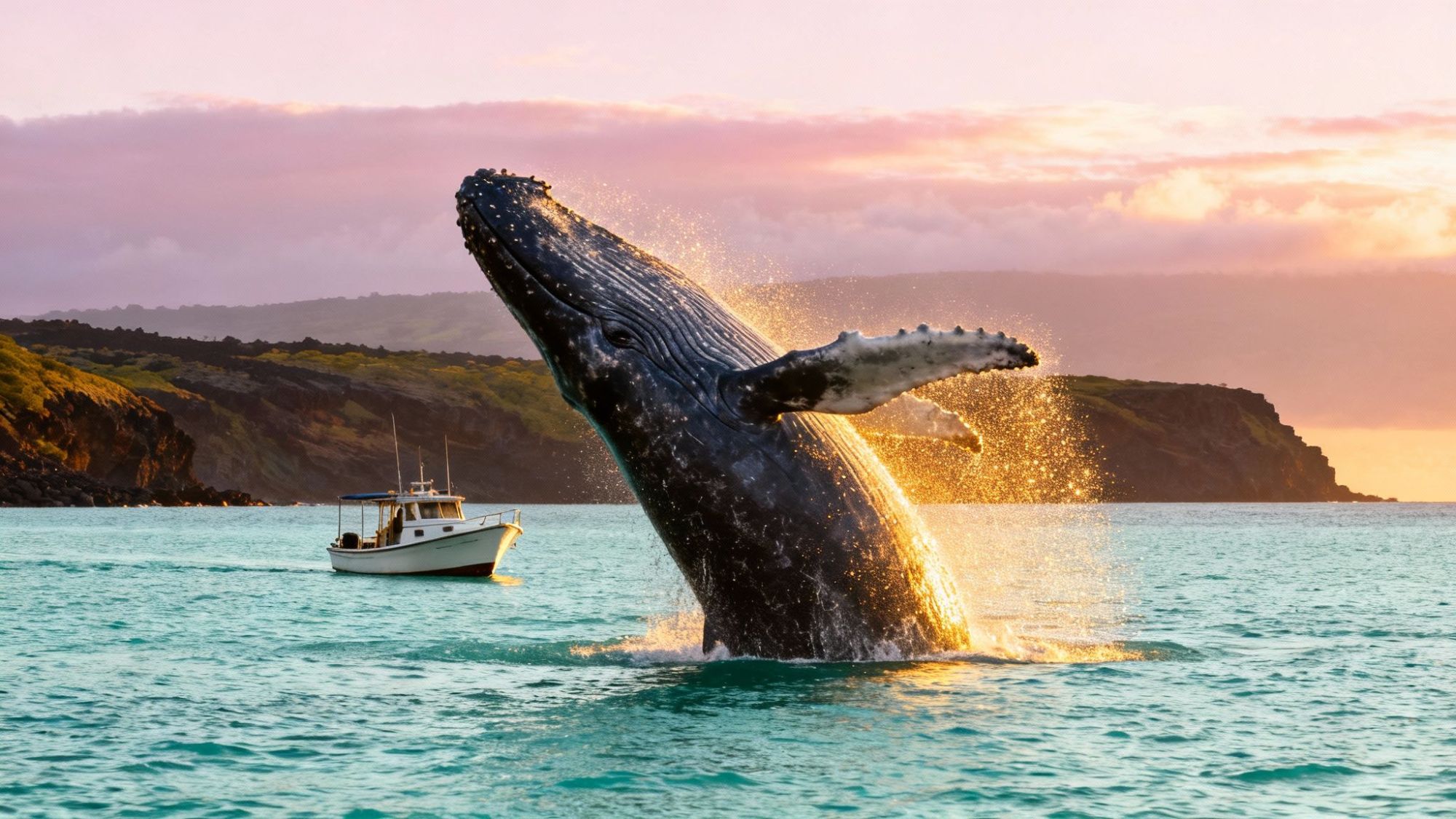 Whale breaching near small boat at sunset with coastline in background.
