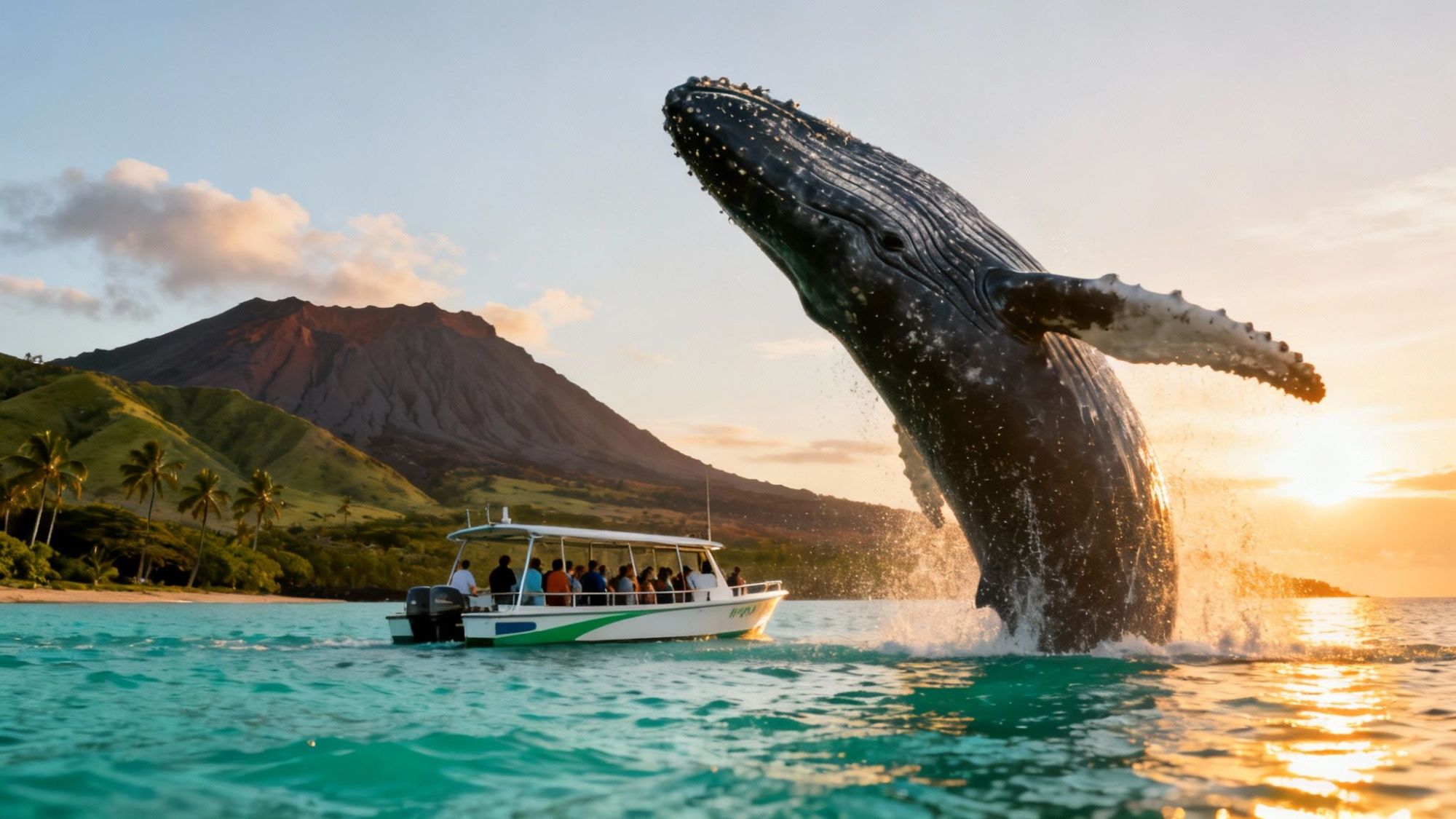 Whale breaching near a boat with a scenic mountain and sunset in the background.