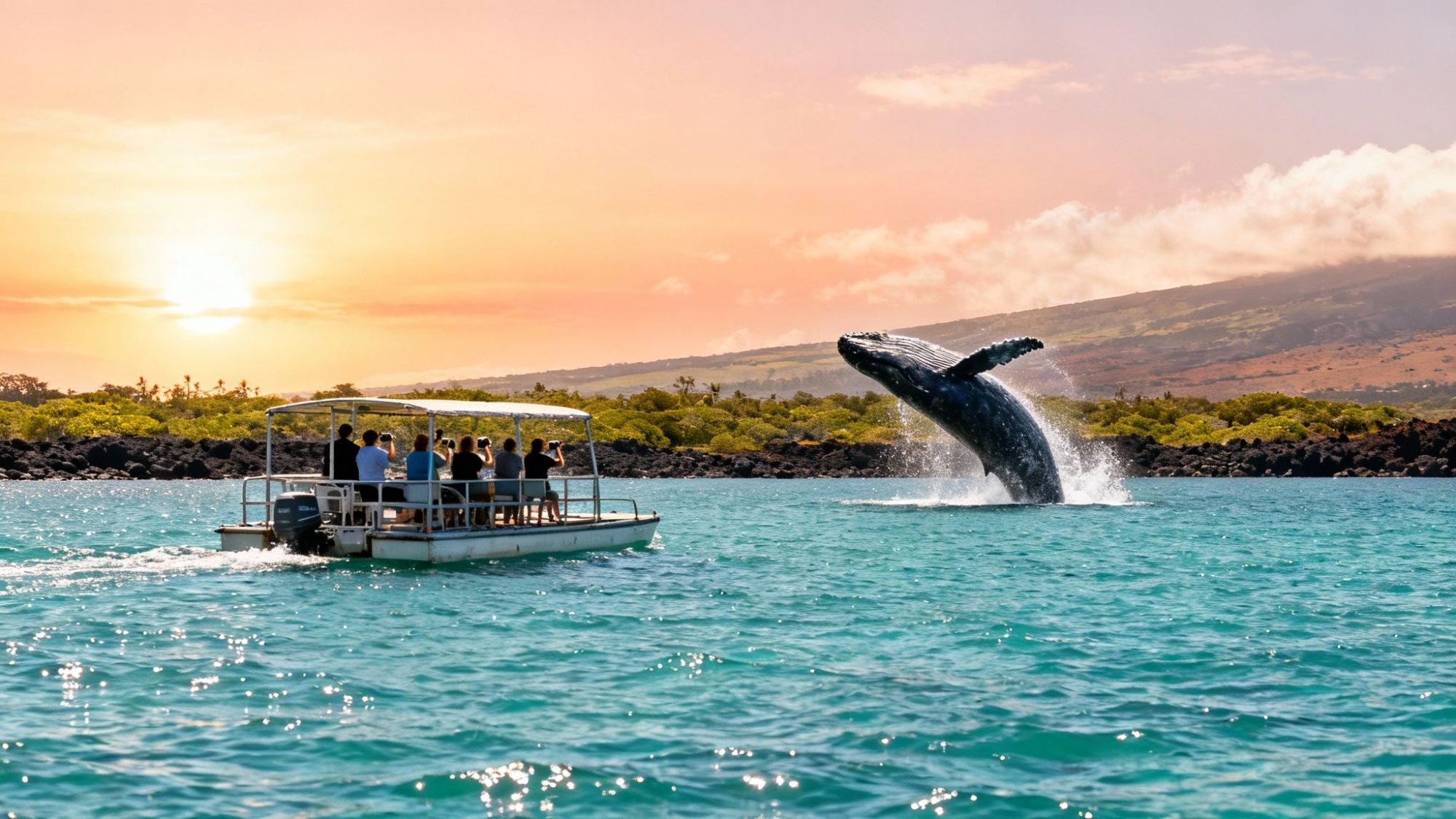 Whale breaching near a boat with people, against a sunset sky and distant hills.