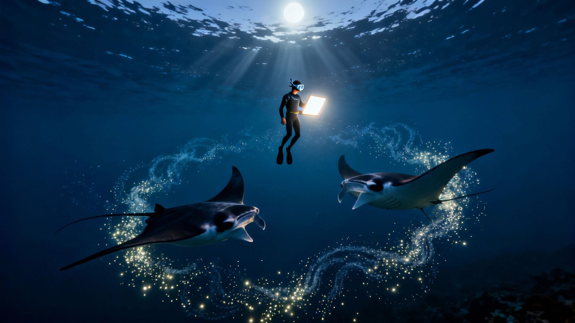 Diver with a tablet surrounded by glowing manta rays underwater at night.