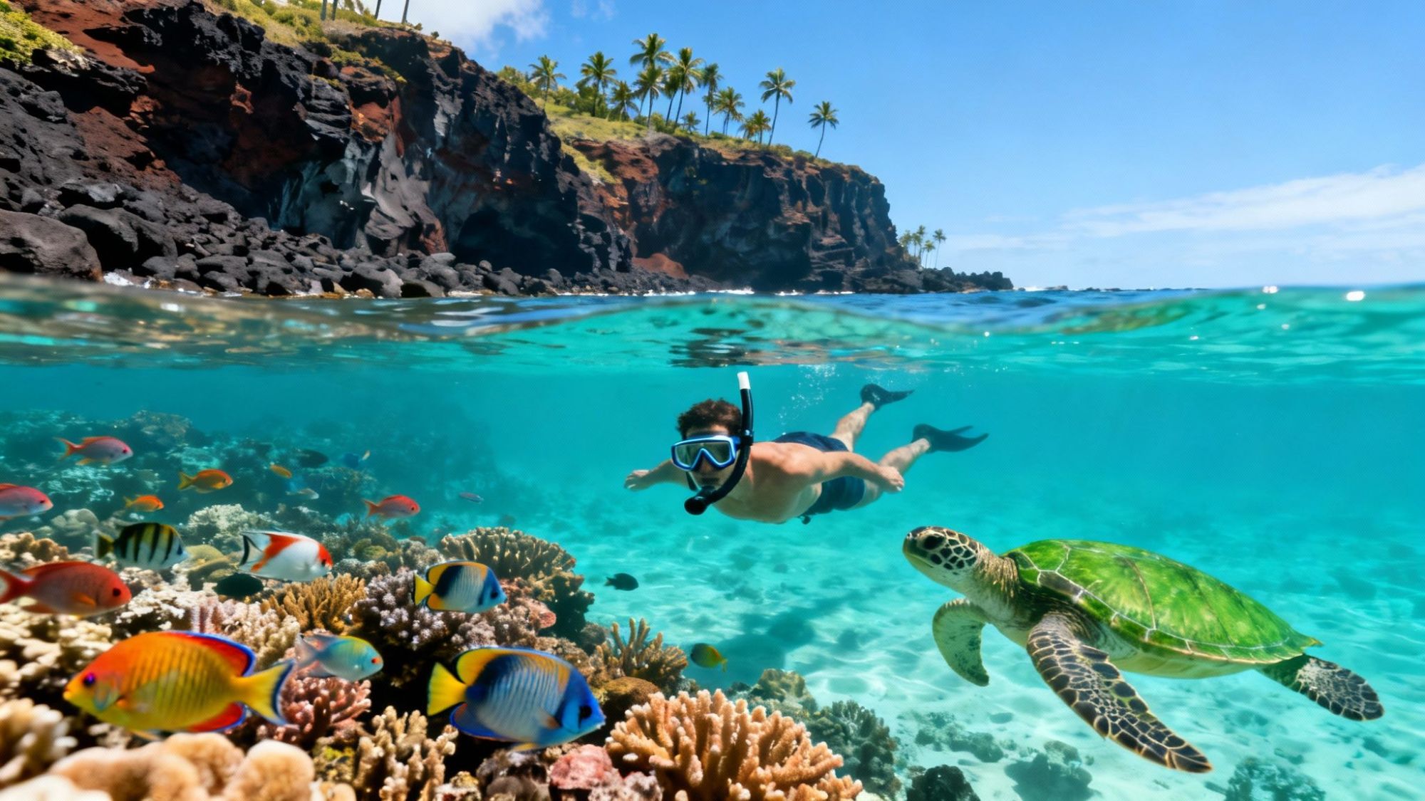 Snorkeler swimming with a sea turtle and colorful fish near a rocky island with palm trees.