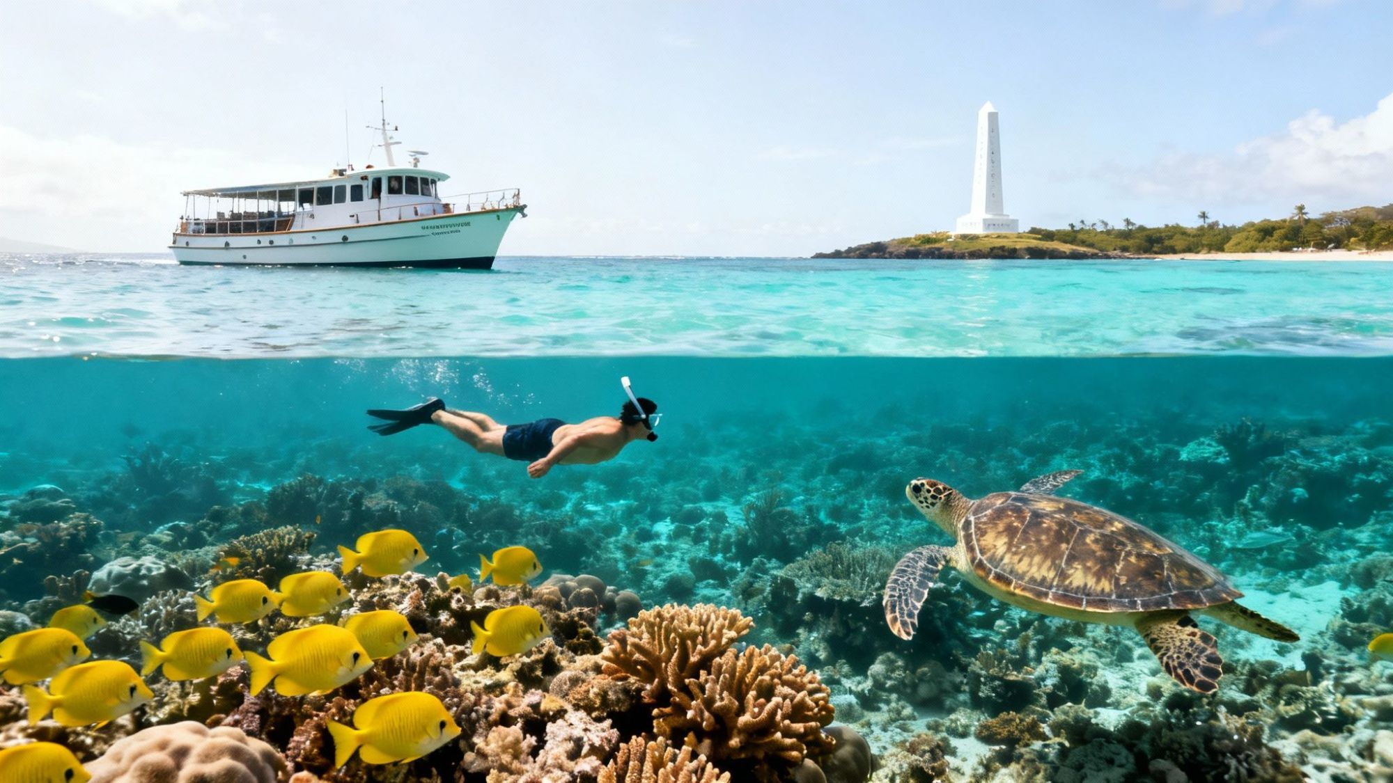 Snorkeler in ocean with yellow fish and turtle, boat above water, monument on distant shore.